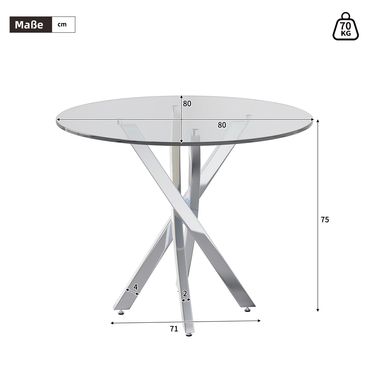 Round Dining Table, Tempered Glass Top, Galvanized Legs, Silver