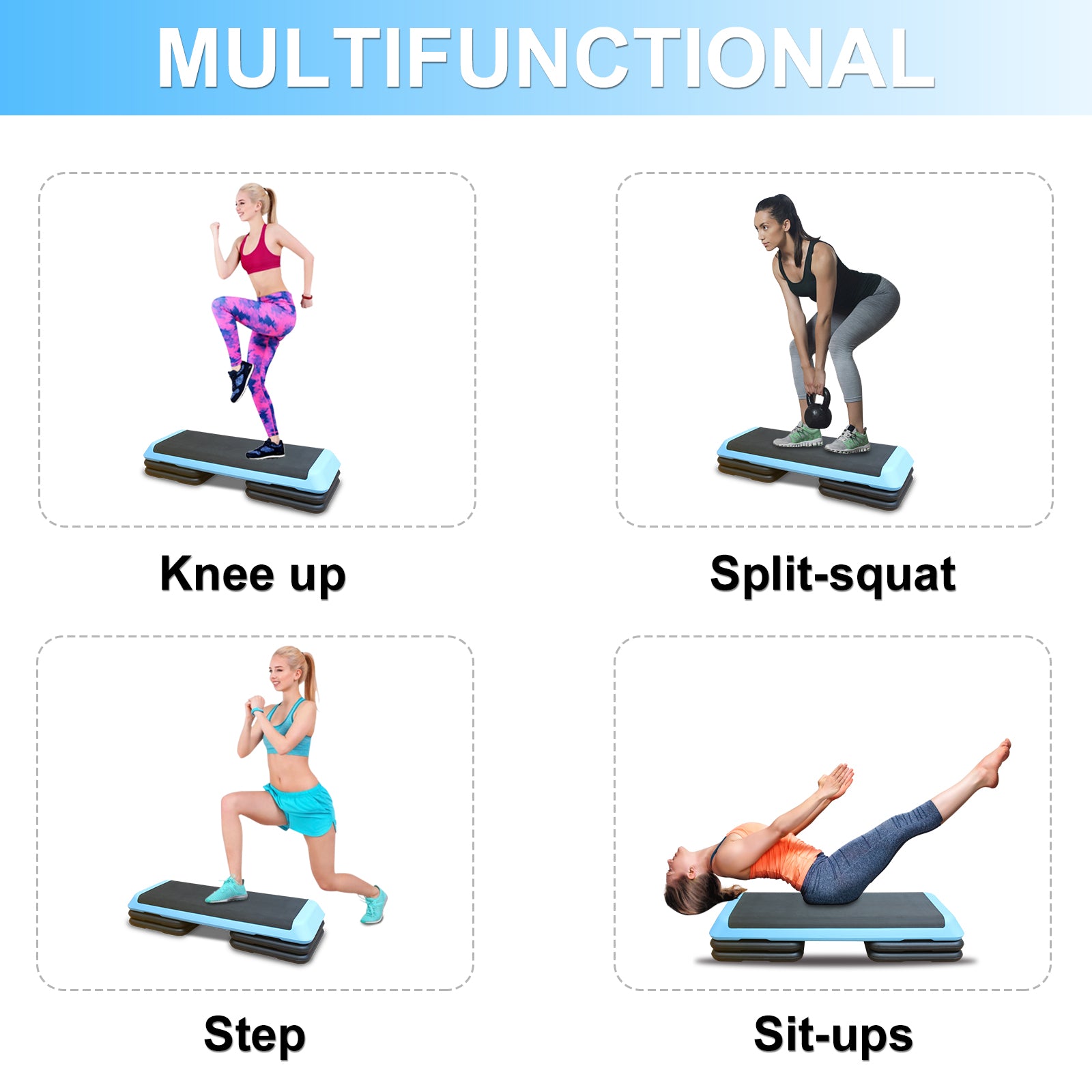 Aerobic Step Platform, 110cm Adjustable Height with 4 Risers for Home Gym, Blue