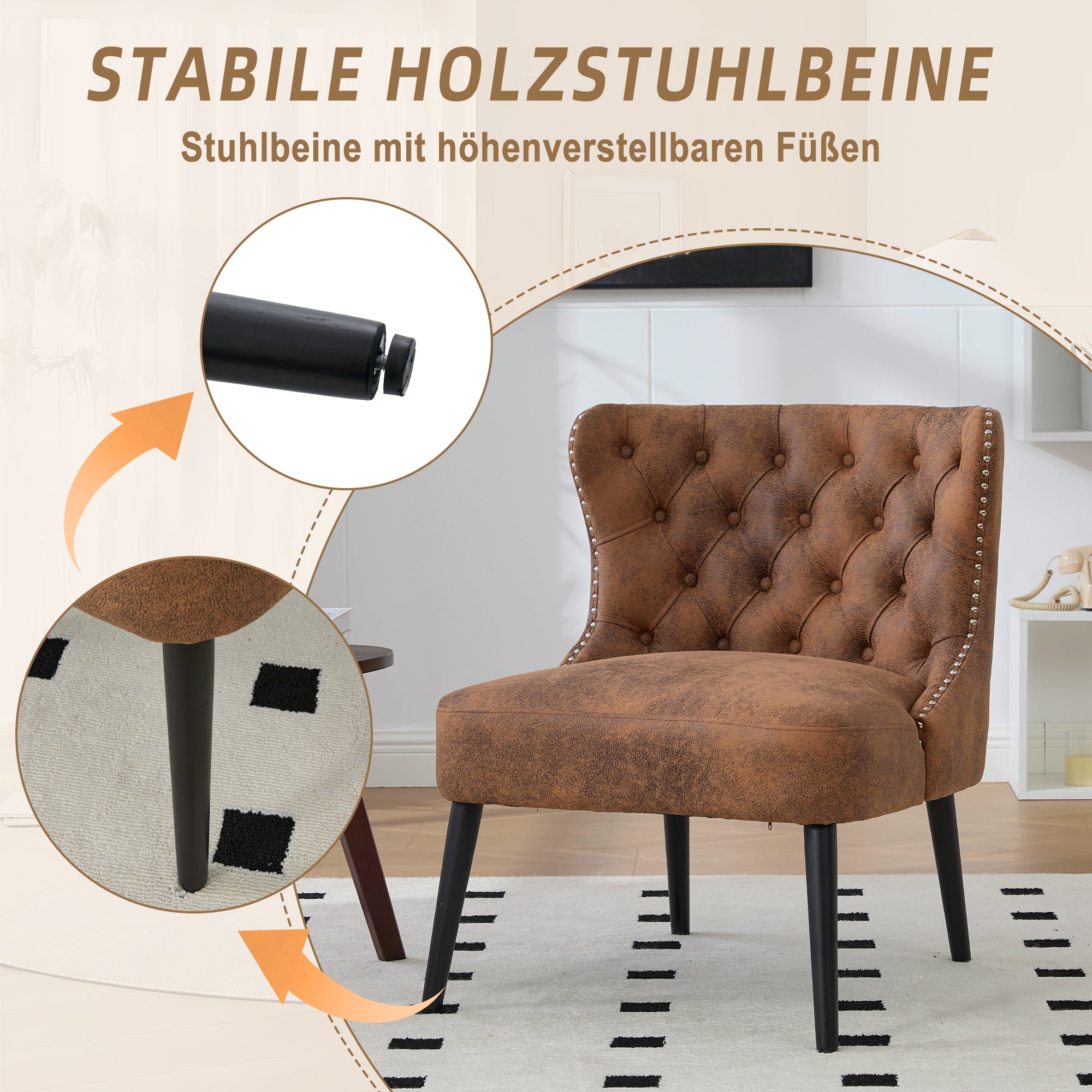 Single Sofa Chair Button Tuft Armless Rivet Trim Solid Wood Legs, Tech Fabric