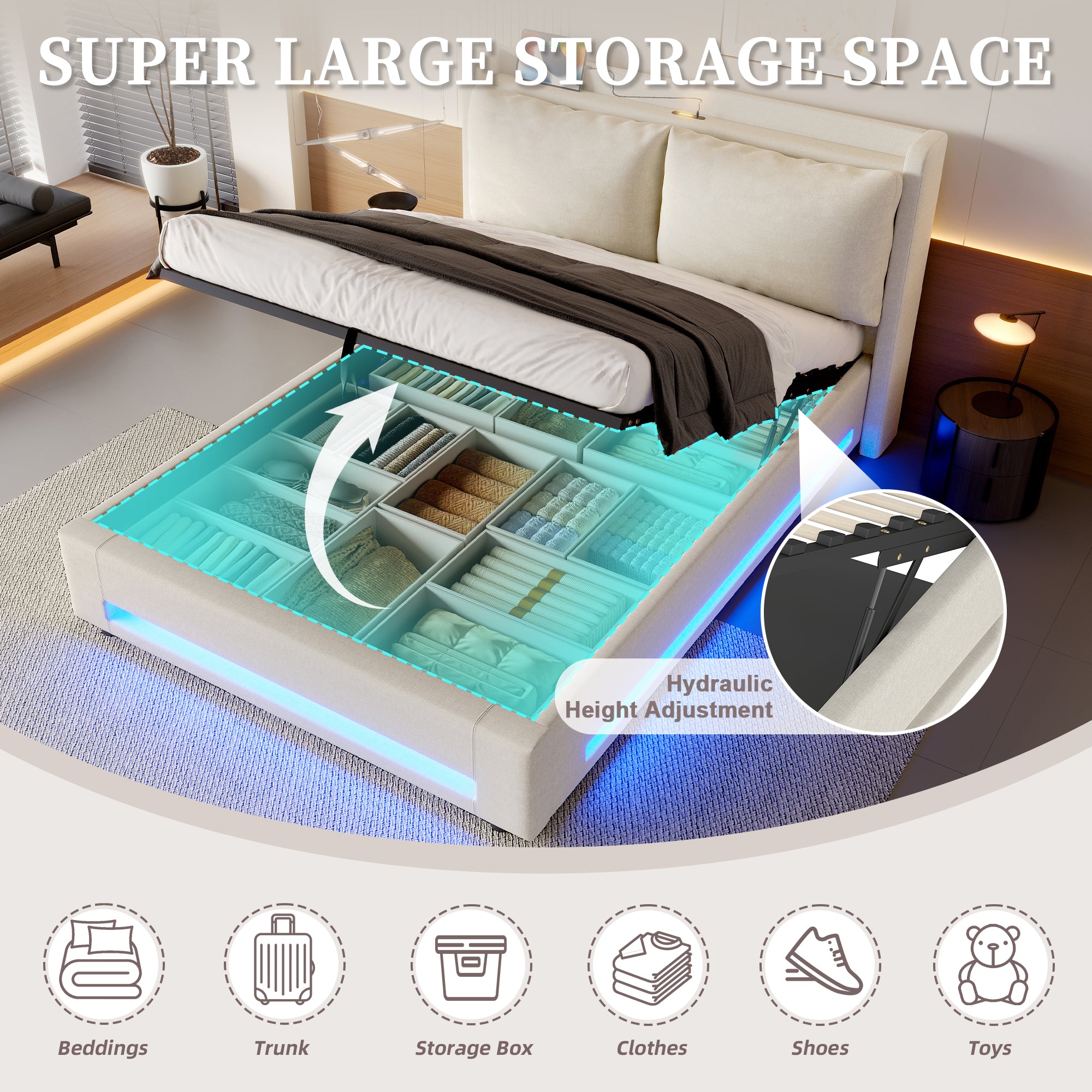 Modern Upholstered Bed with Storage, USB-C, LED, Hydraulic Lift, Velvet