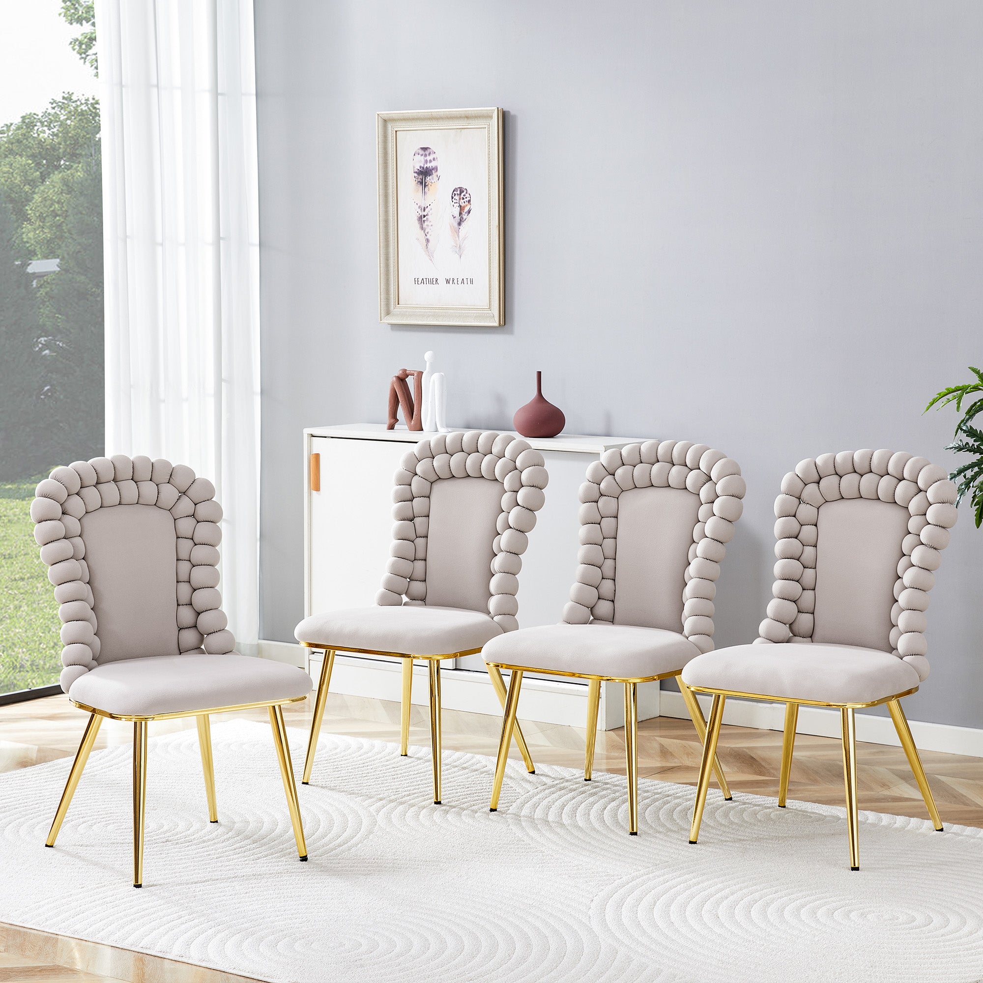 Dining Chairs (Set of 2) Ball Chain Backrest Gold-Plated Metal Legs, Light Grey Velvet