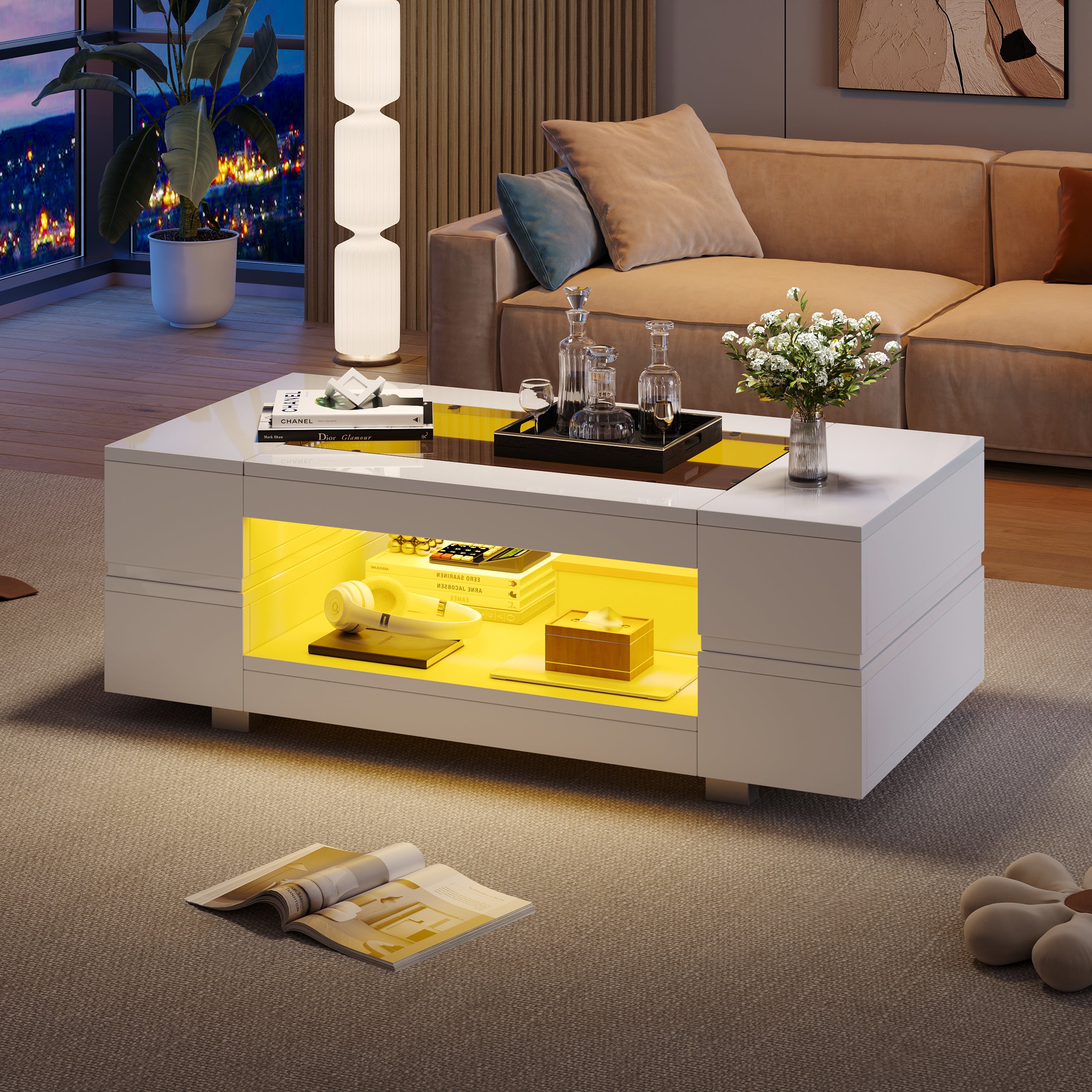 Hollow Coffee Table with Open Storage LED High Gloss Glass Top, White MDF+Glass