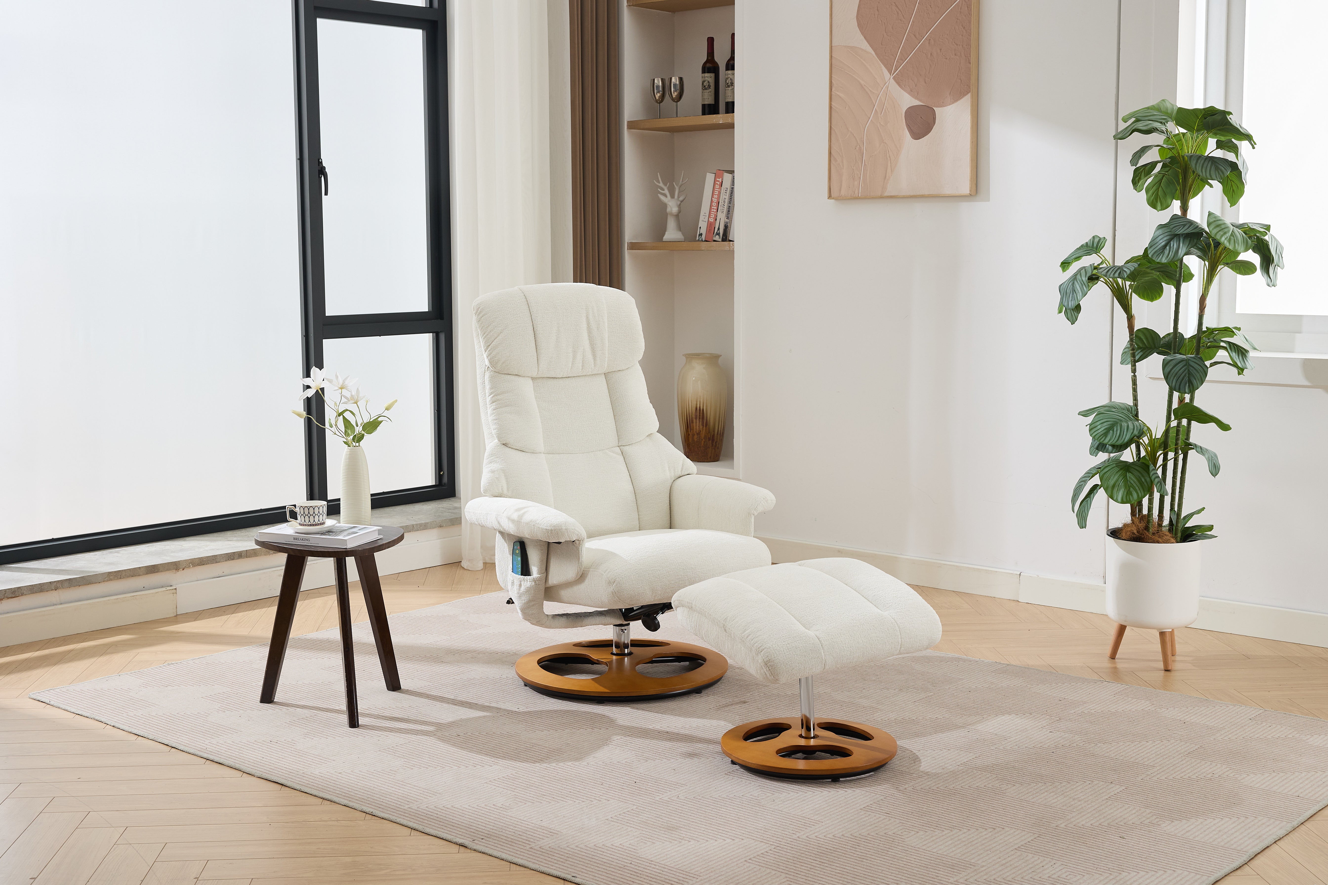 Chenille Upholstered Massage Recliner with Ottoman Footstool, 5 Points Massager, White