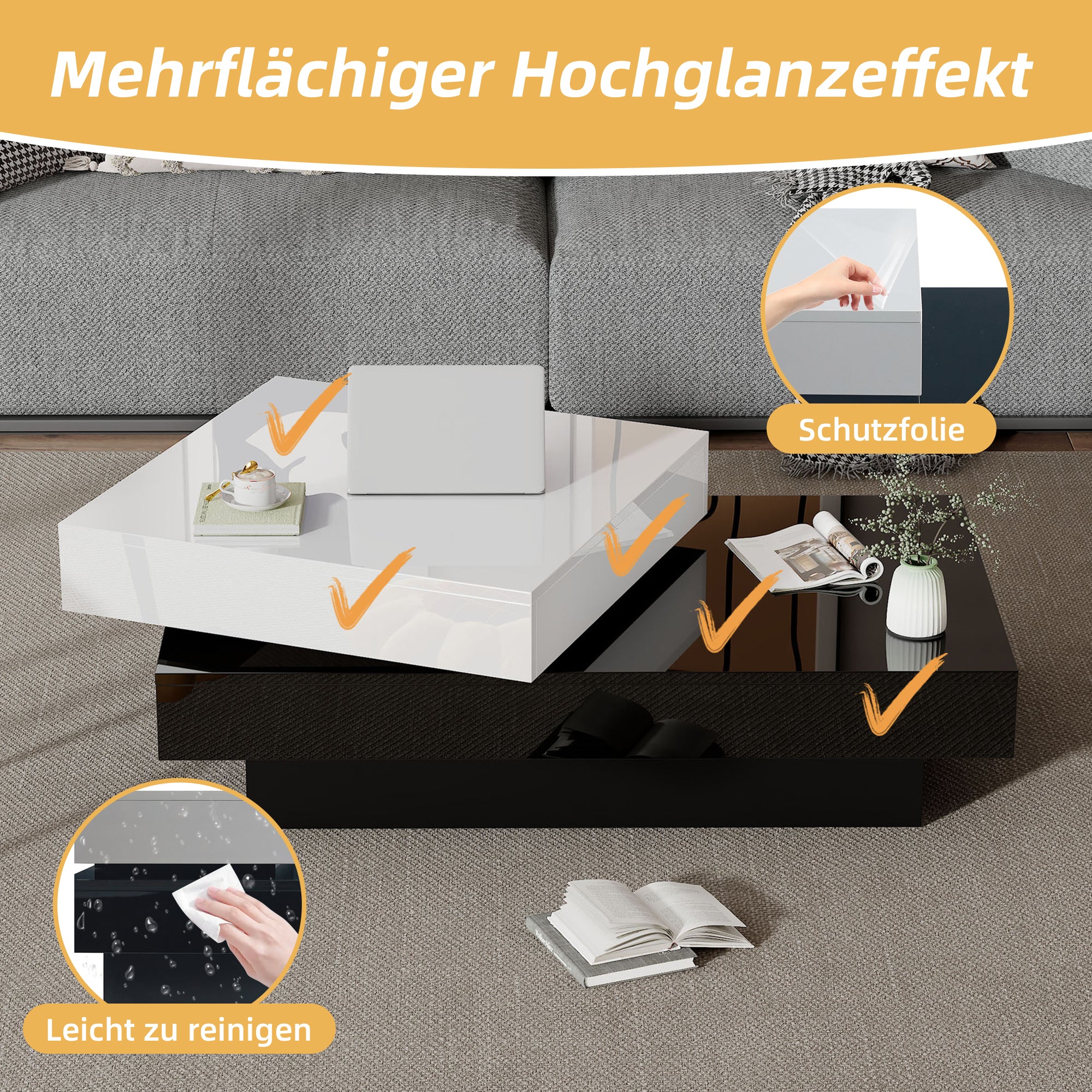 Rotating Coffee Table, Double-Layer with High Gloss Surface, Black and White