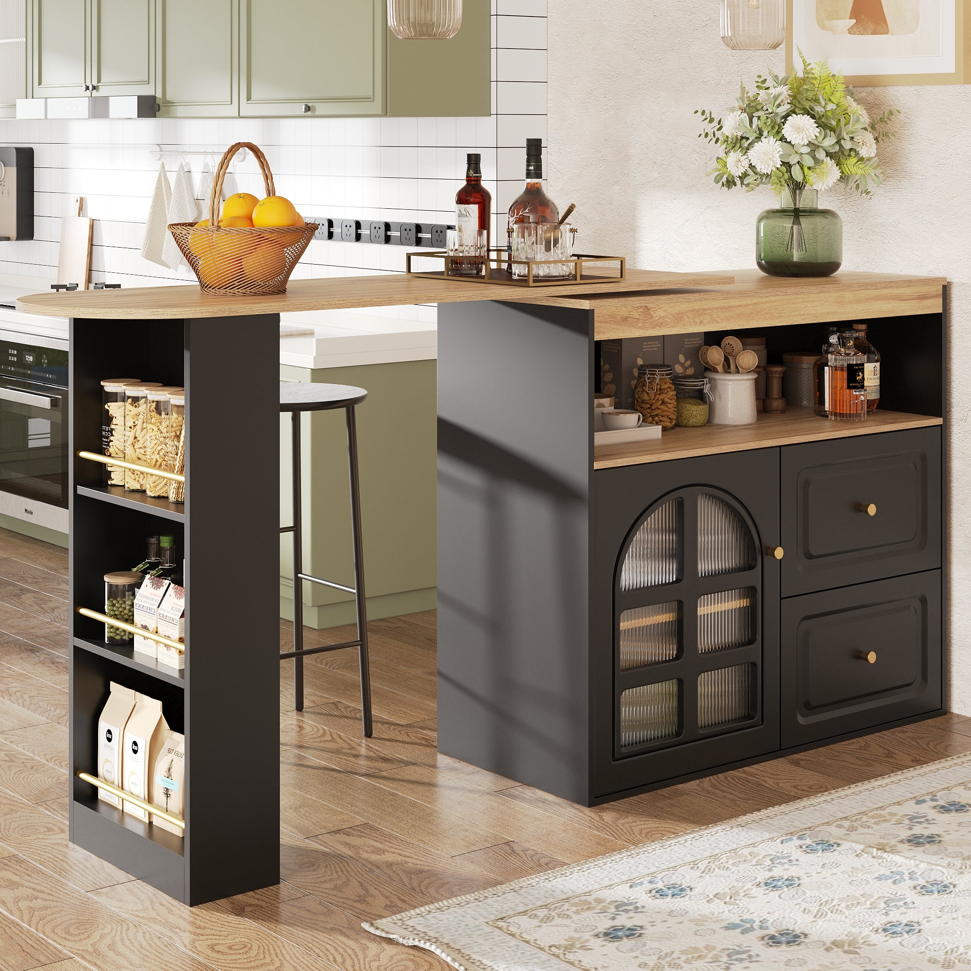 360° Rotating Dining Bar Storage with 2 Drawers Curved Glass - Black