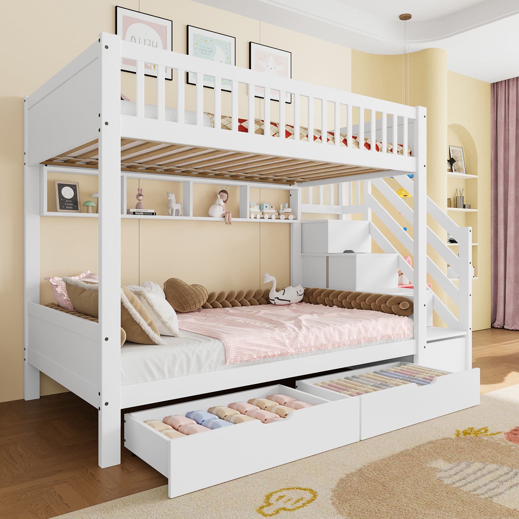 Bunk Bed with Drawer, Shelf, Wardrobe, Storage, 90x200cm, White