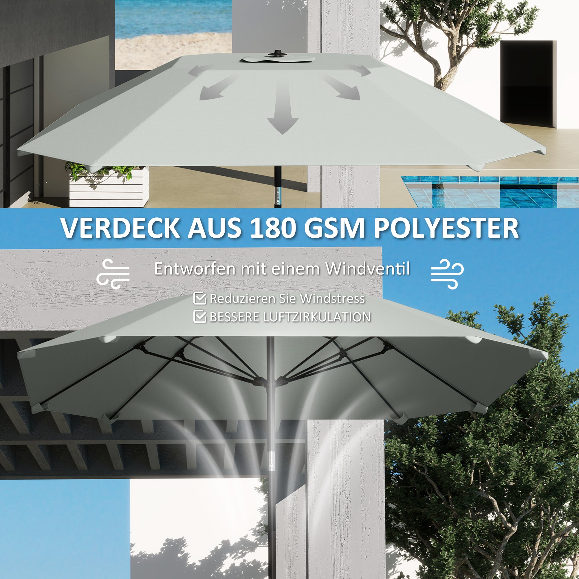 Parasol Ø233cm, Octagonal Folding Beach/Balcony/Garden, Dark Grey