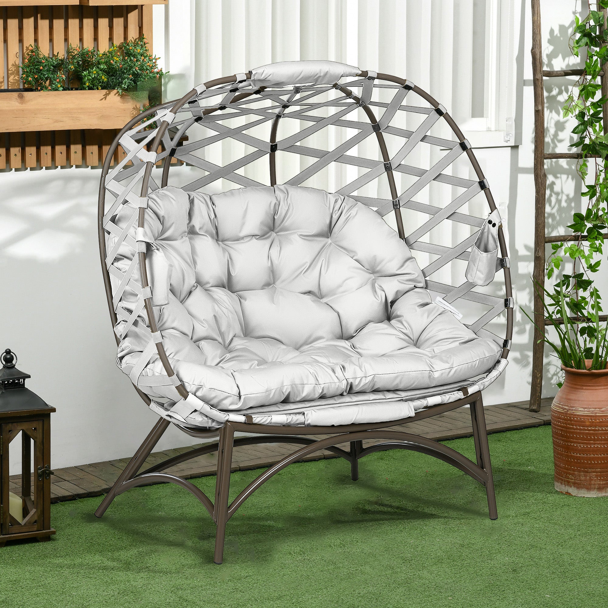 2 Seater Egg Chair Folding with Cushion and Cup Pockets, Light Grey Weave