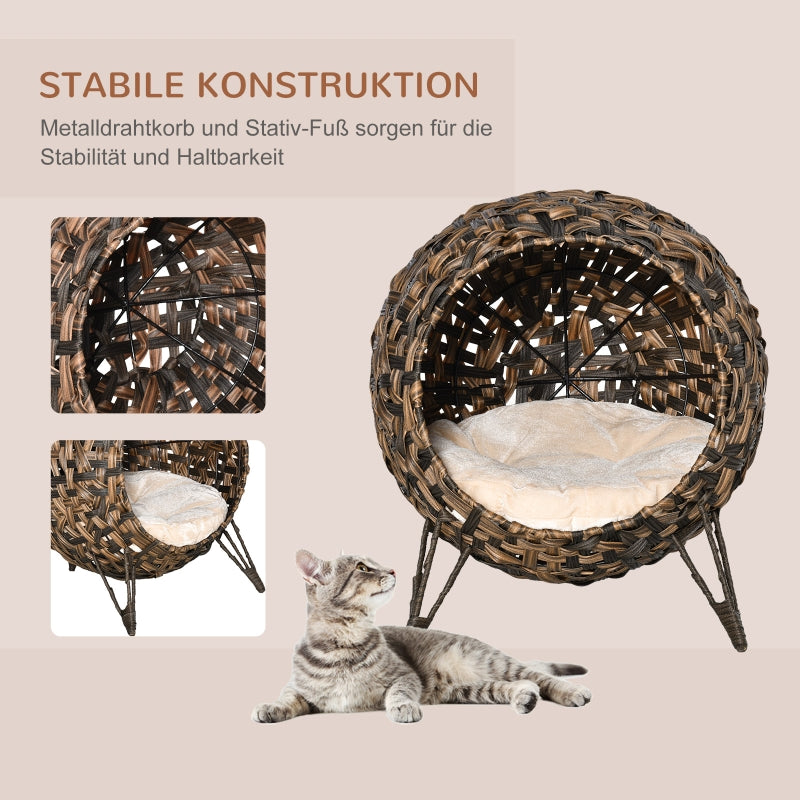 Rattan Cat House with Cushion, Raised Feet, Brown