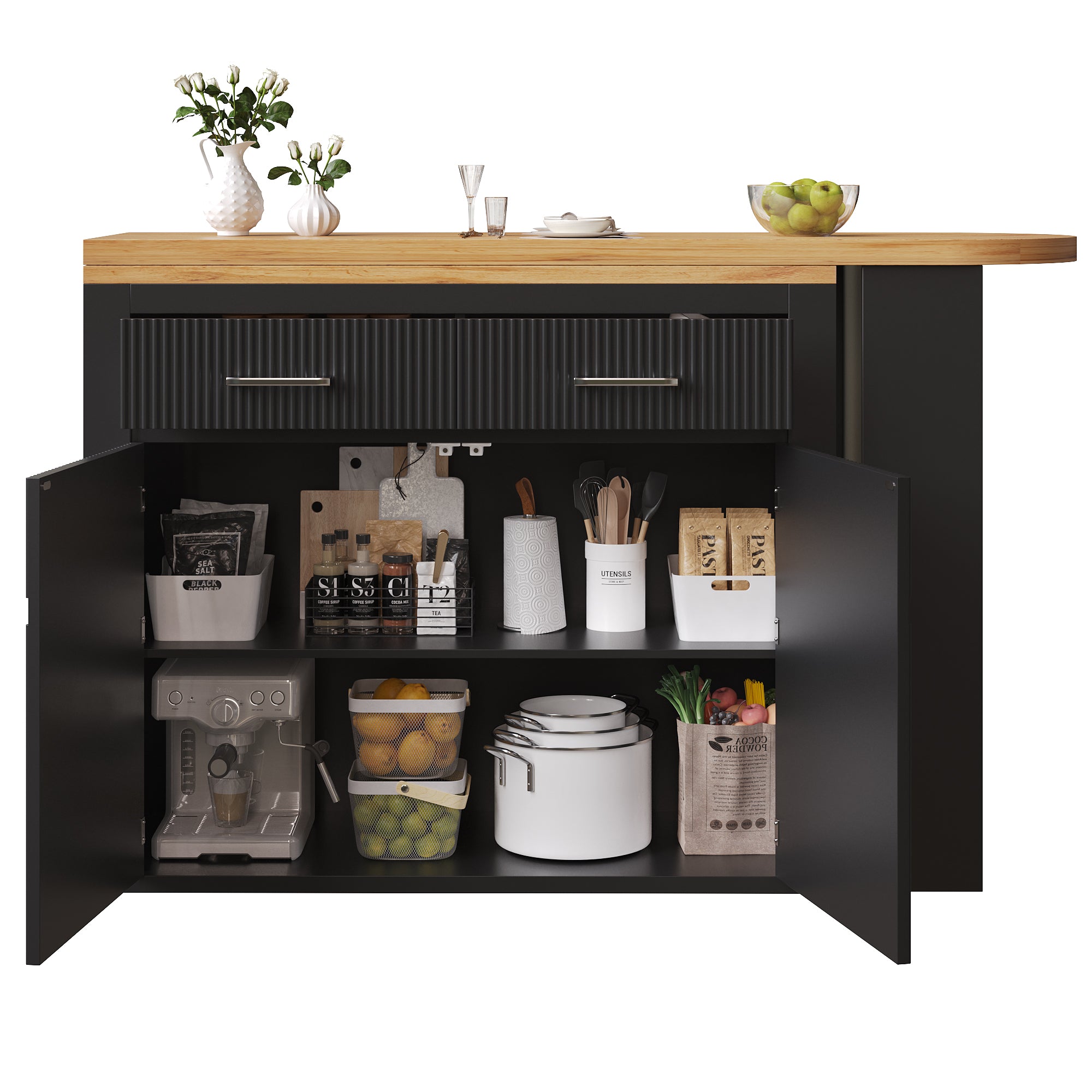 Extendable Bar Table Telescopic Storage Drawer Shelves - Black