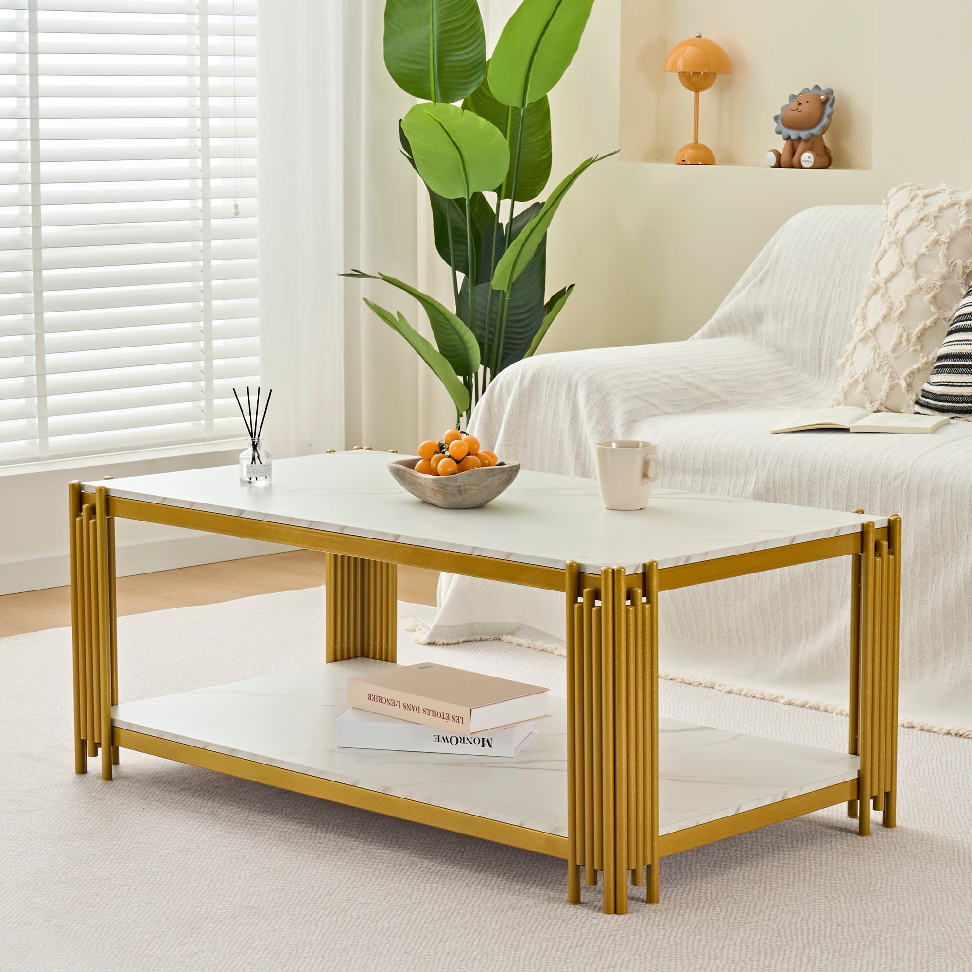 Coffee Table Rectangular Marble Effect Metal Legs - White/Gold