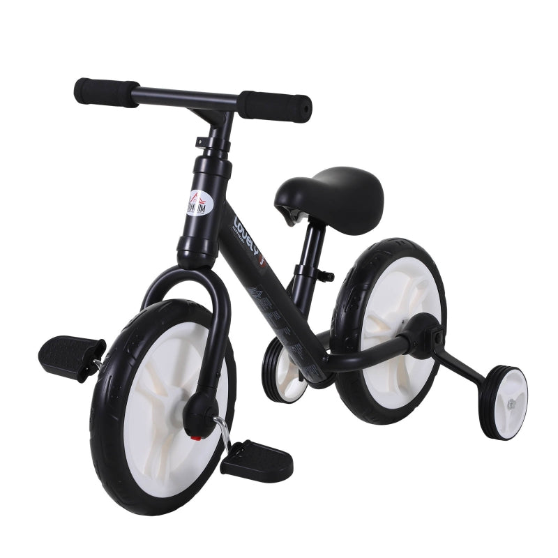 Children's Balance Bike with Training Wheels, Pedals and Adjustable Seat, Black