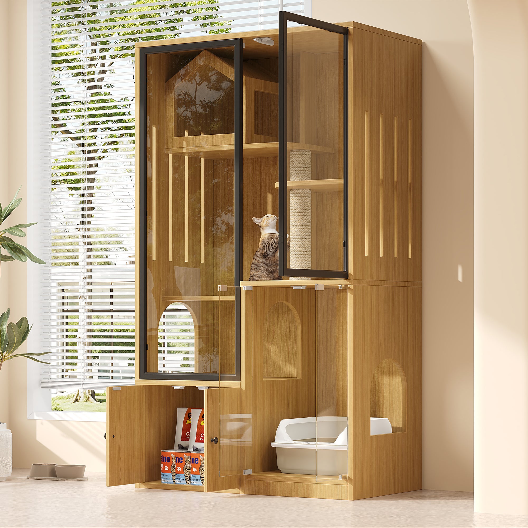 Cat House Villa, 4-Story Winterproof Fence with Scratching Posts, 90x50x160cm Yellow Maple Wood