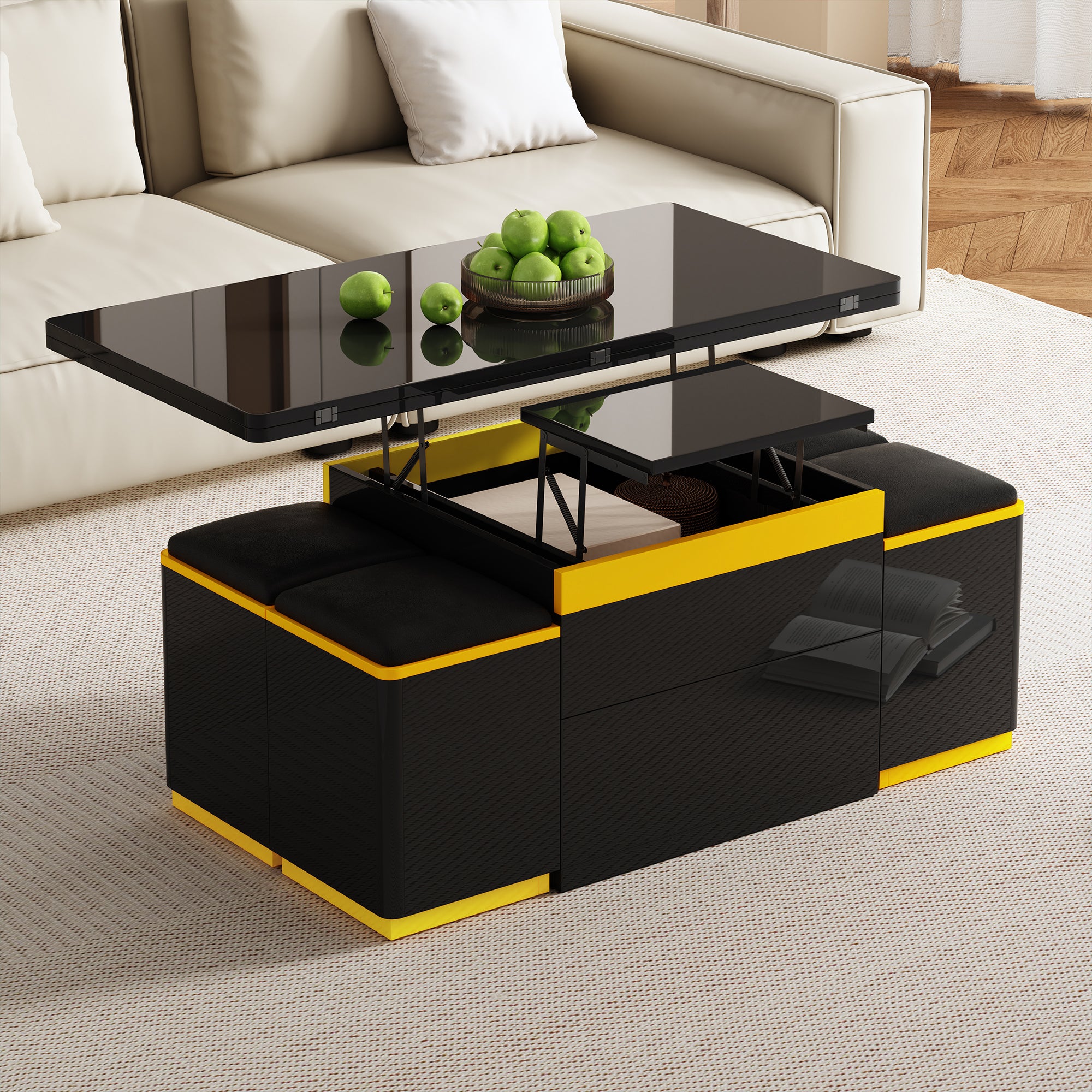Coffee Table Multifunctional High-Gloss Height-Adjustable Foldable Dining 100x50x43cm - Black