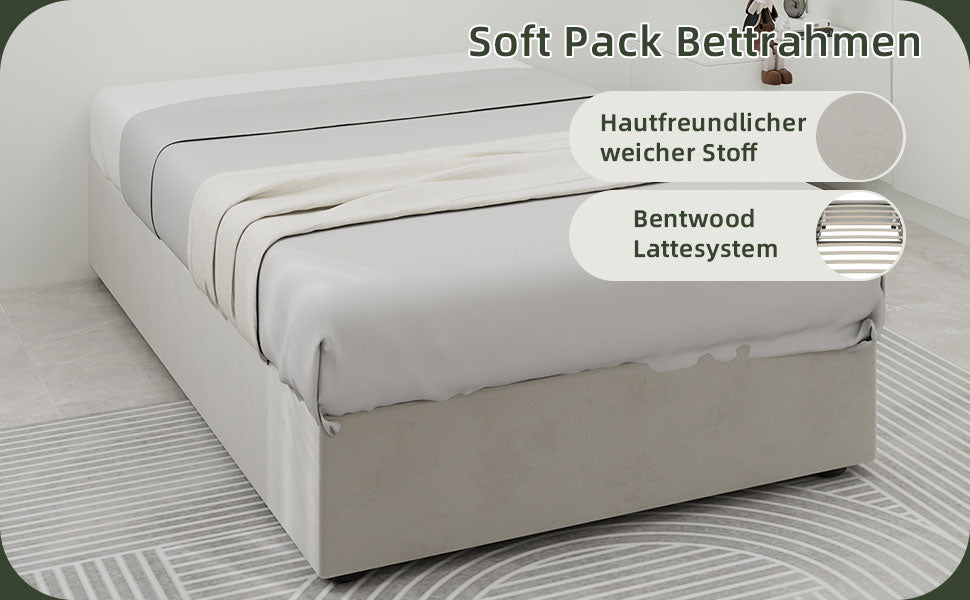 Modern Minimalist Bed Frame, 90x200 cm Gas Lift Storage, Beige Dutch Velvet