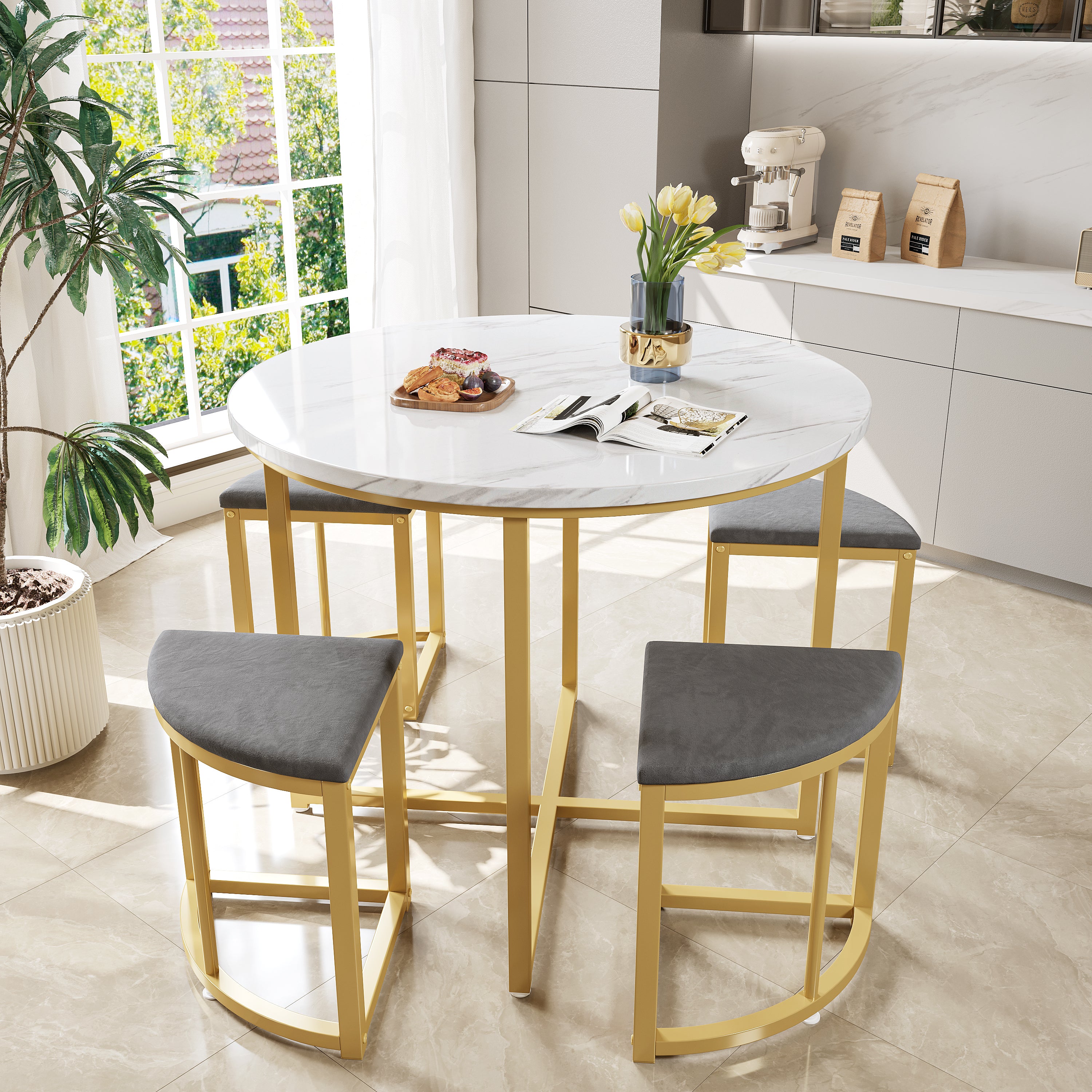 Dining Table Set - 4 Chairs, MDF & Gold-Plated Iron, Velvet, Gray