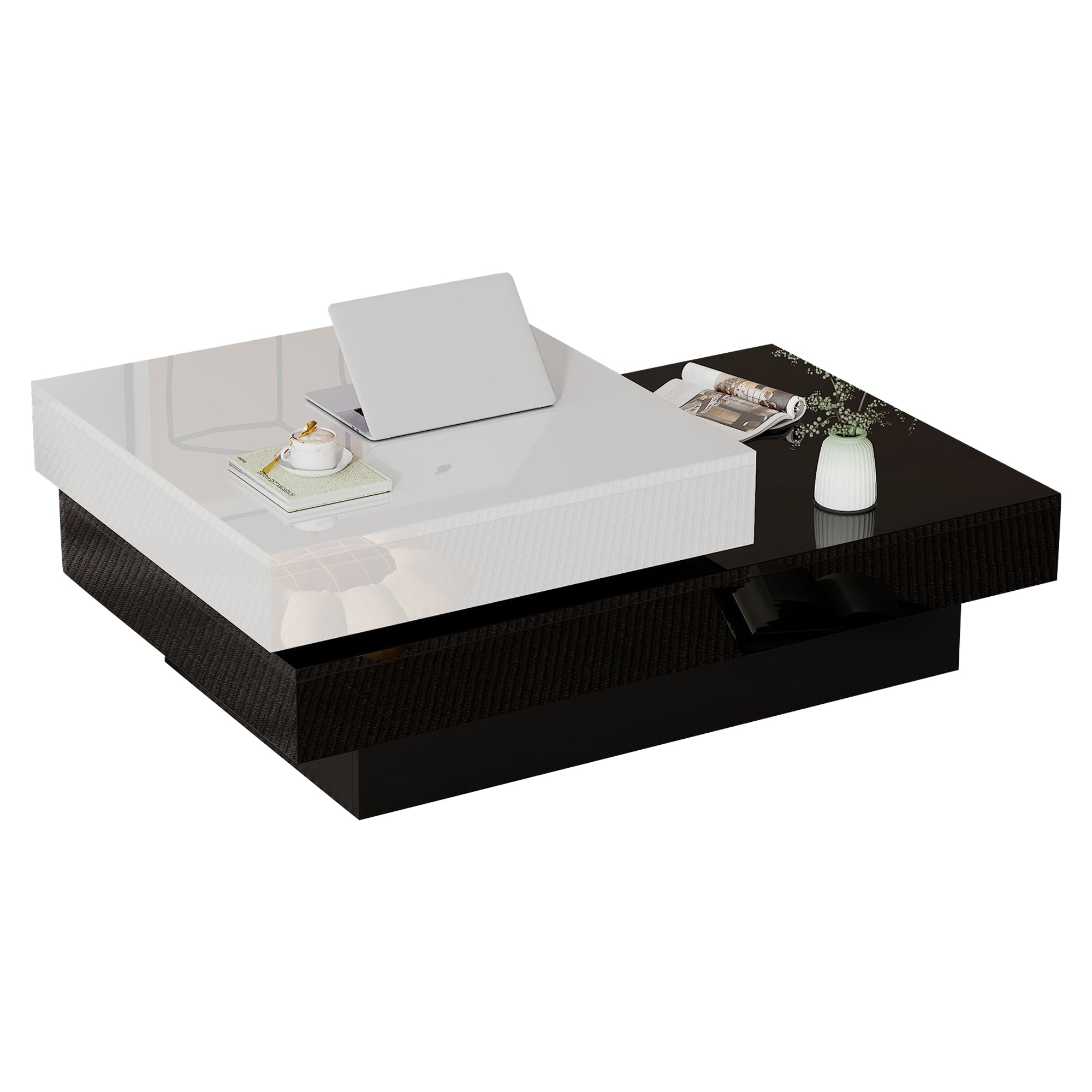 Rotating Coffee Table, Double-Layer with High Gloss Surface, Black and White