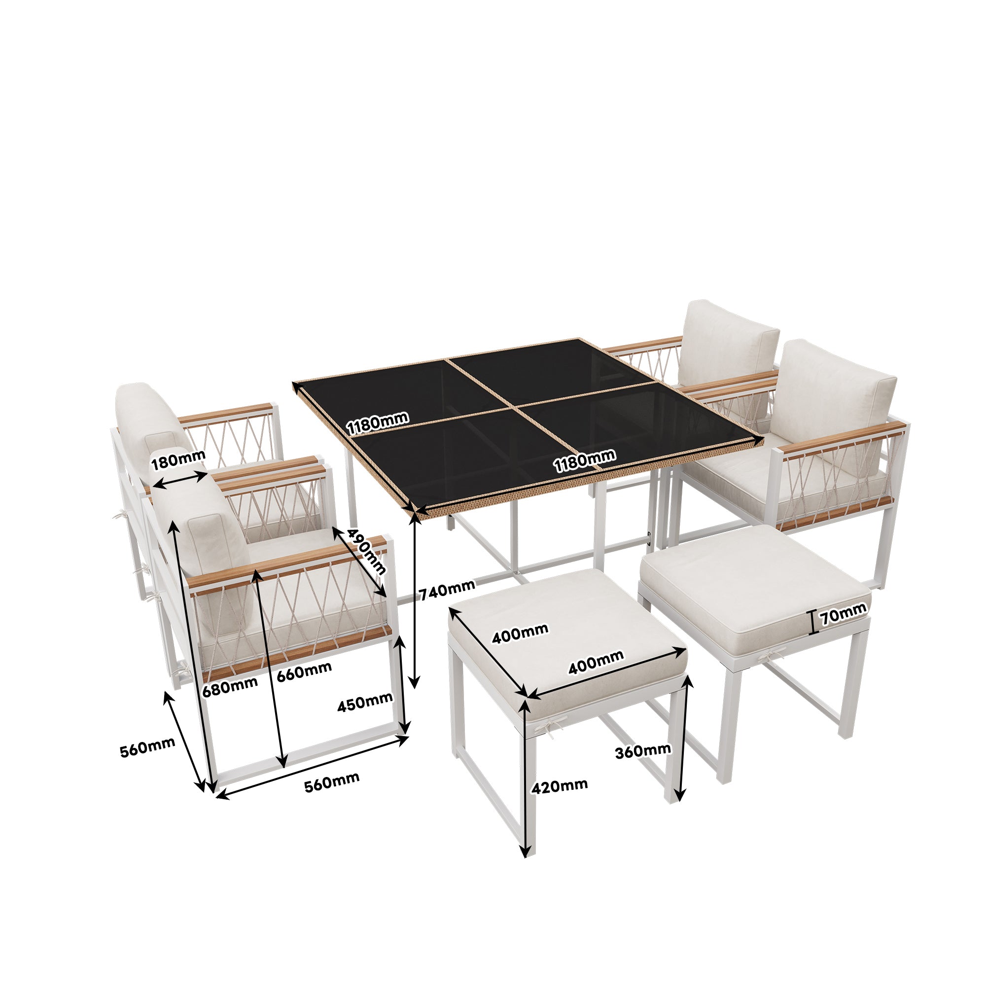 7-Piece Outdoor Dining Set, Tempered Glass PE Rattan, Acacia Wood