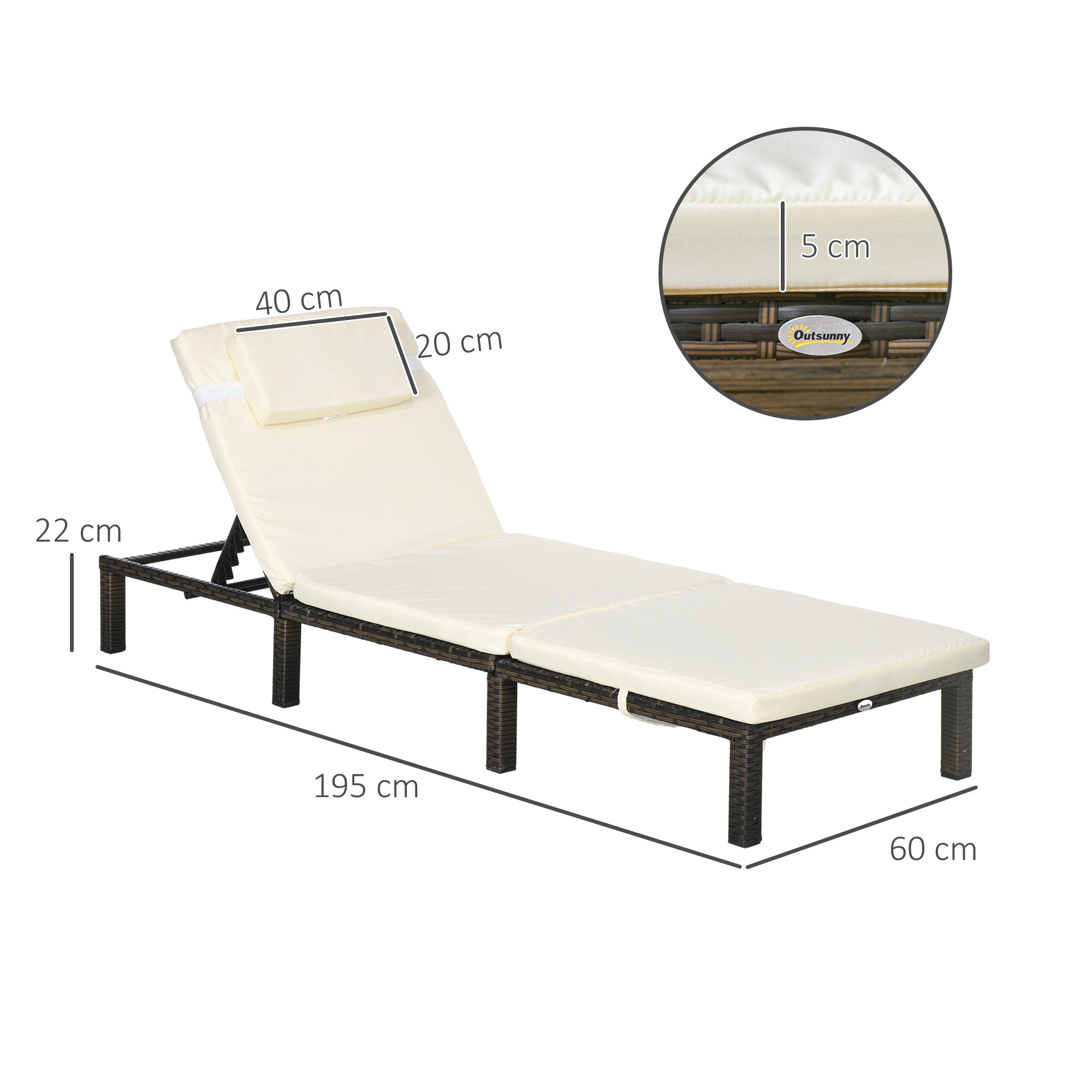 Set of Two Reclining Sun Loungers with Cushions, Rattan, Brown/Cream