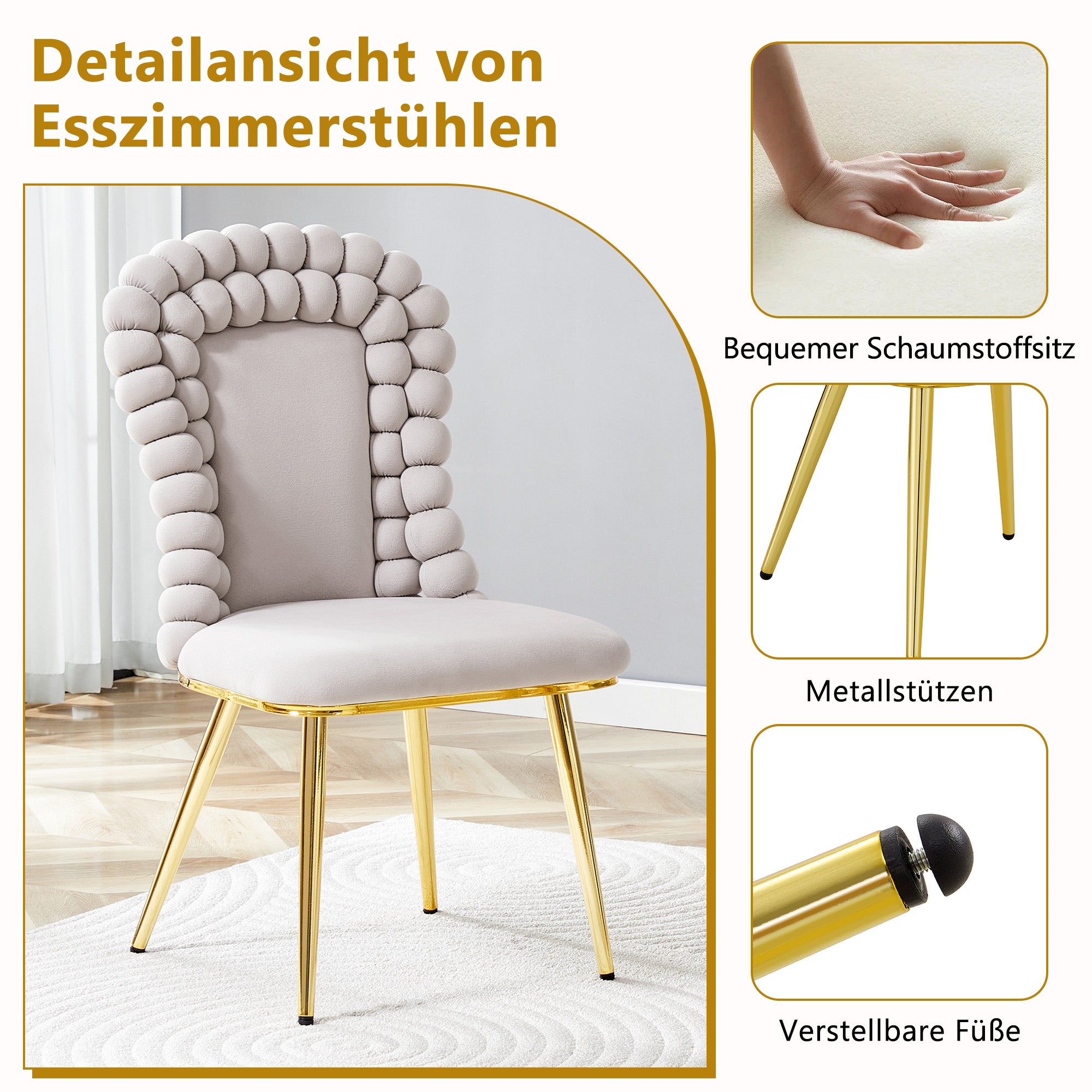 Dining Chairs (Set of 2) Ball Chain Backrest Gold-Plated Metal Legs, Light Grey Velvet