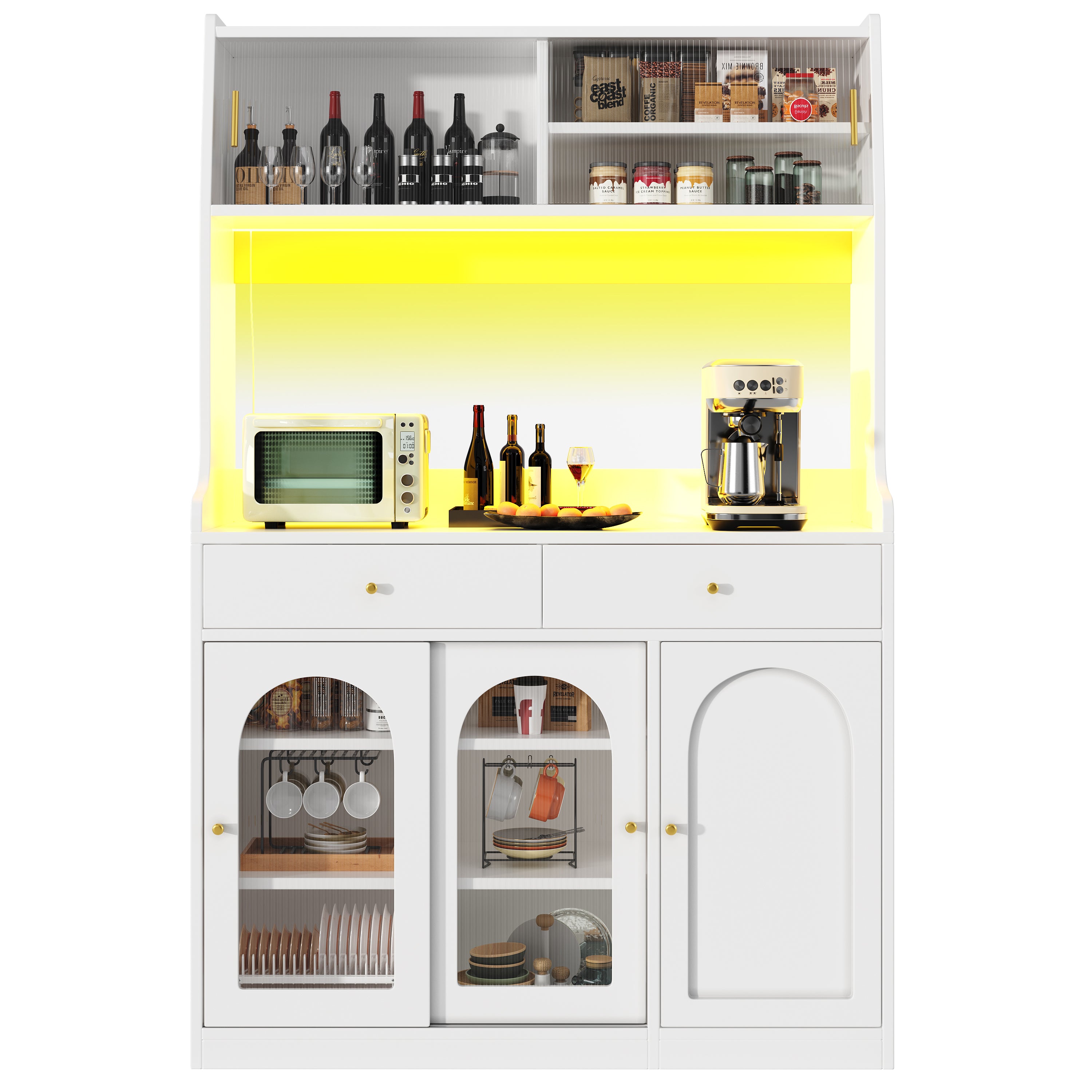 Tall Kitchen Cabinet Buffet Sideboard, Display Storage Adjustable Shelves 2 Drawers LED Lighting - White