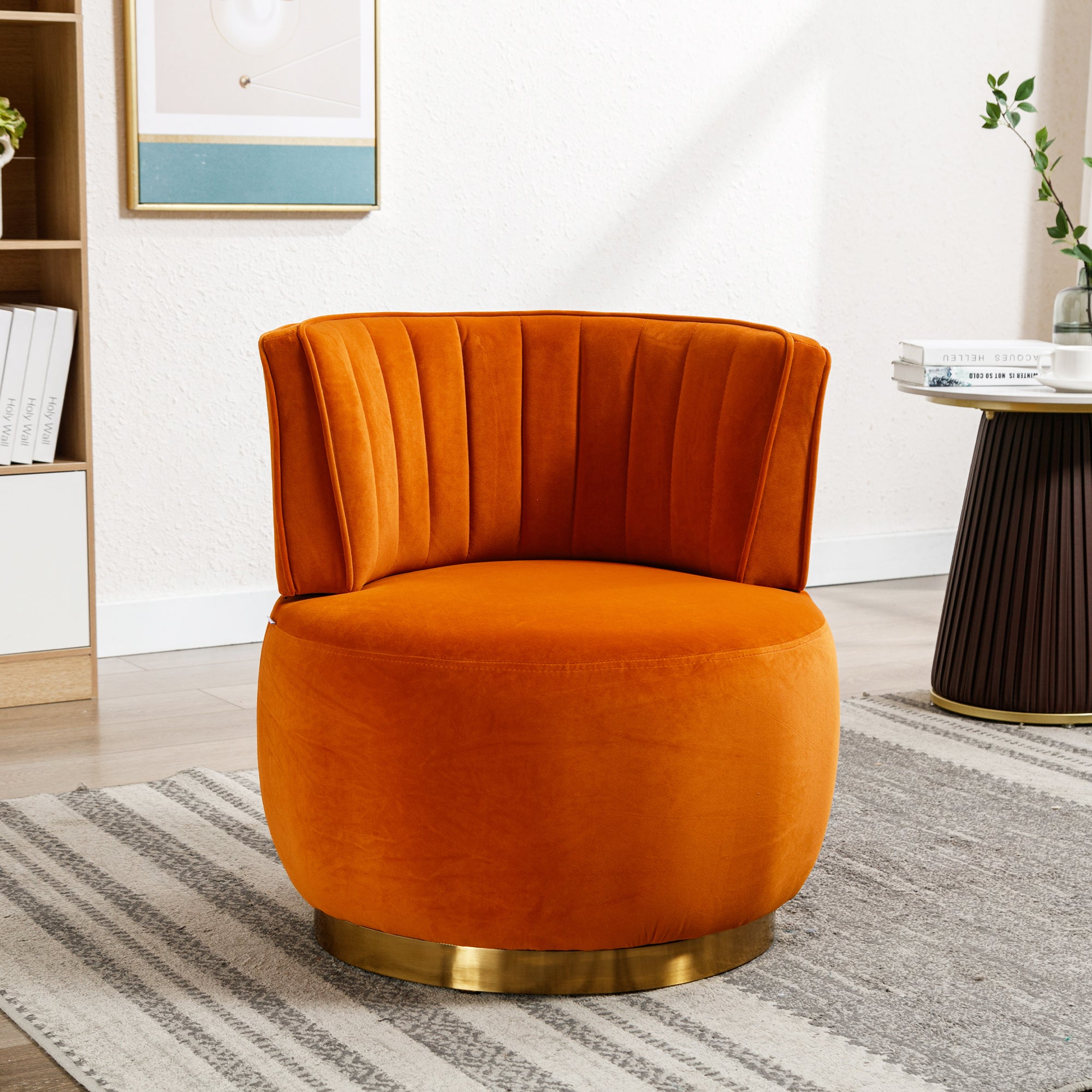 Swivel Barrel Chair, 360 Degree Round Modern Soft Velvet Finish, Orange Color