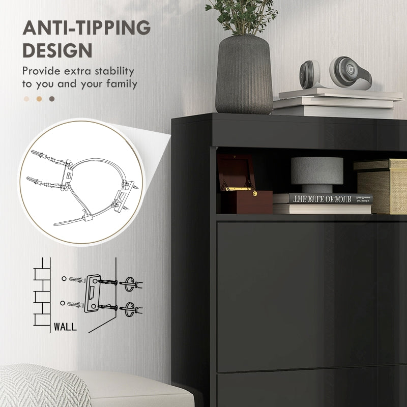 Shoe Storage Cabinet, 16 Pair Flip Doors - High Gloss Black