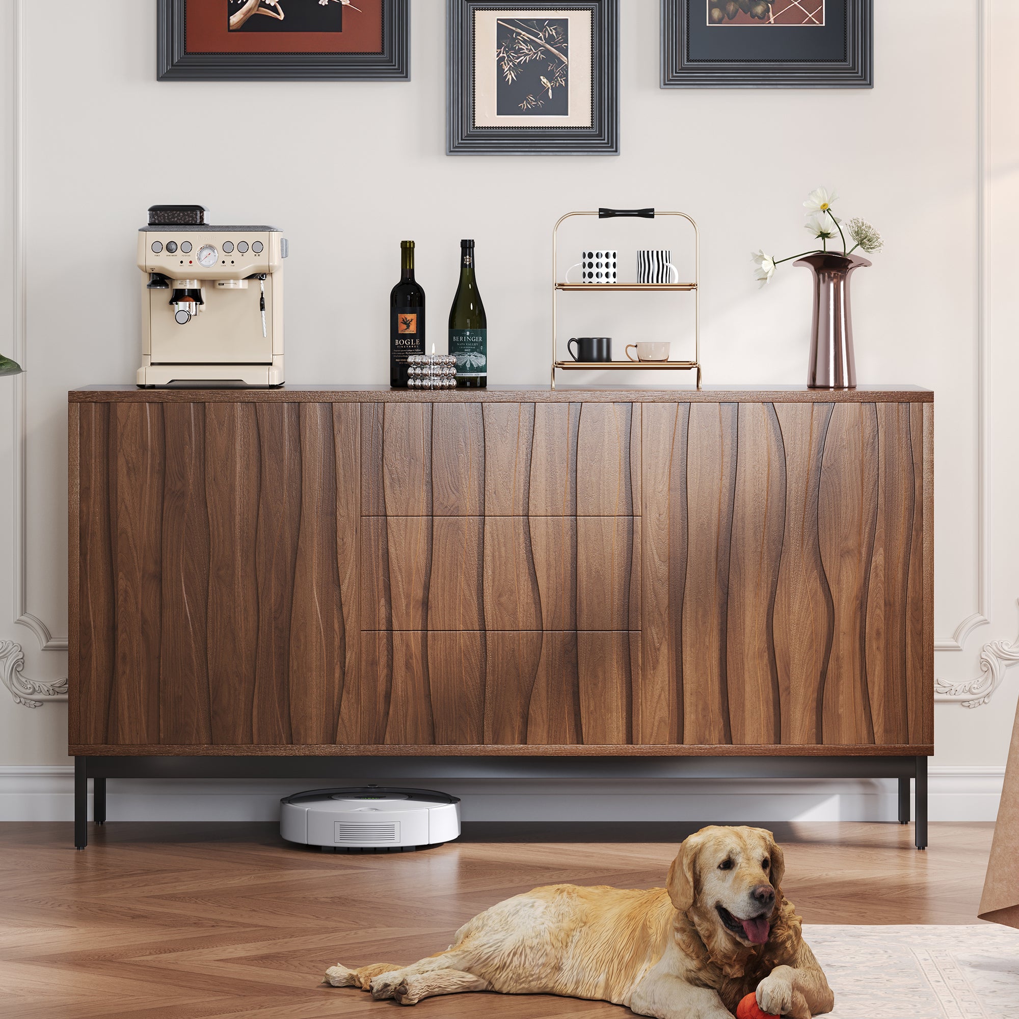 Sideboard 150cm with 3 Drawers and One-Piece Cutout, Dark Grained Oak