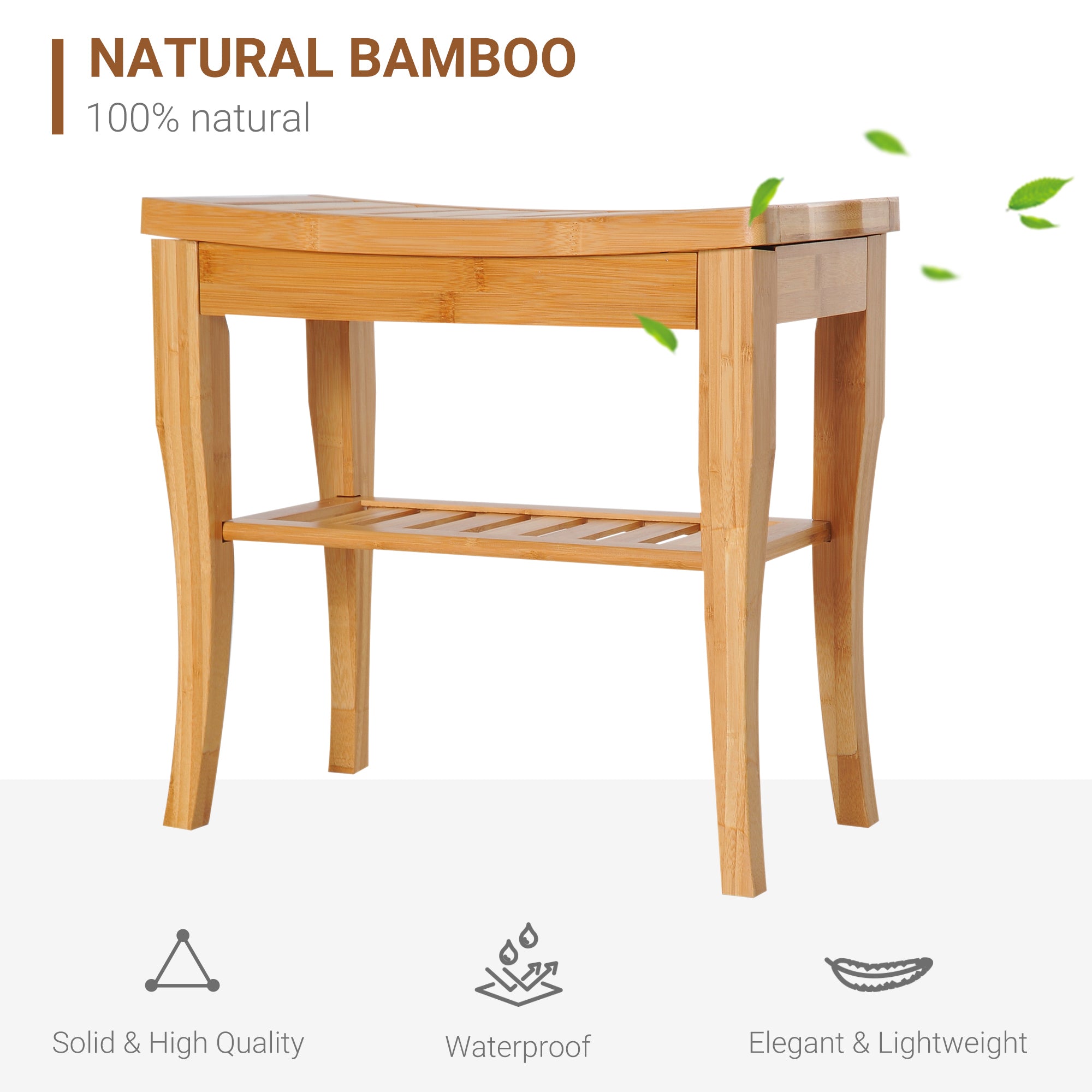 Shower Bench 45cm 2-Tier Slatted Storage Stool, Natural Wood