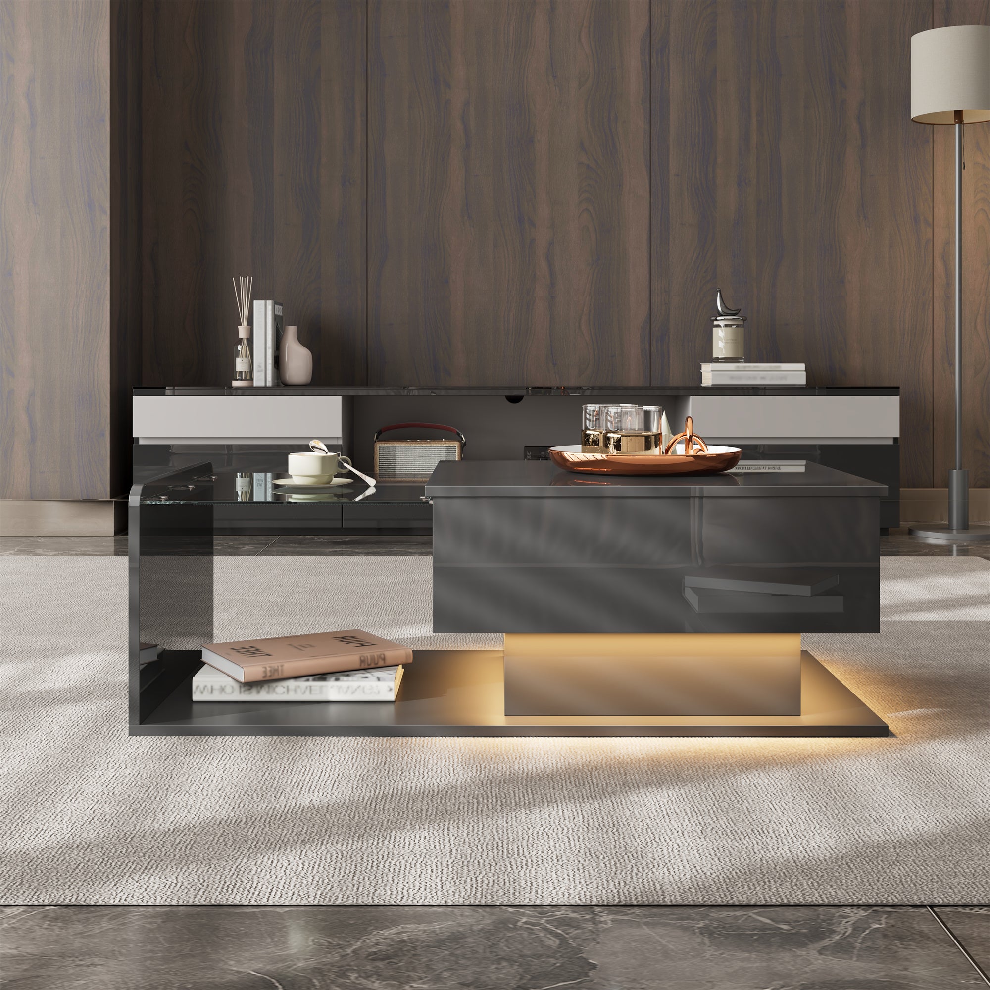 Coffee Table with Glass & LED, High-Gloss Black