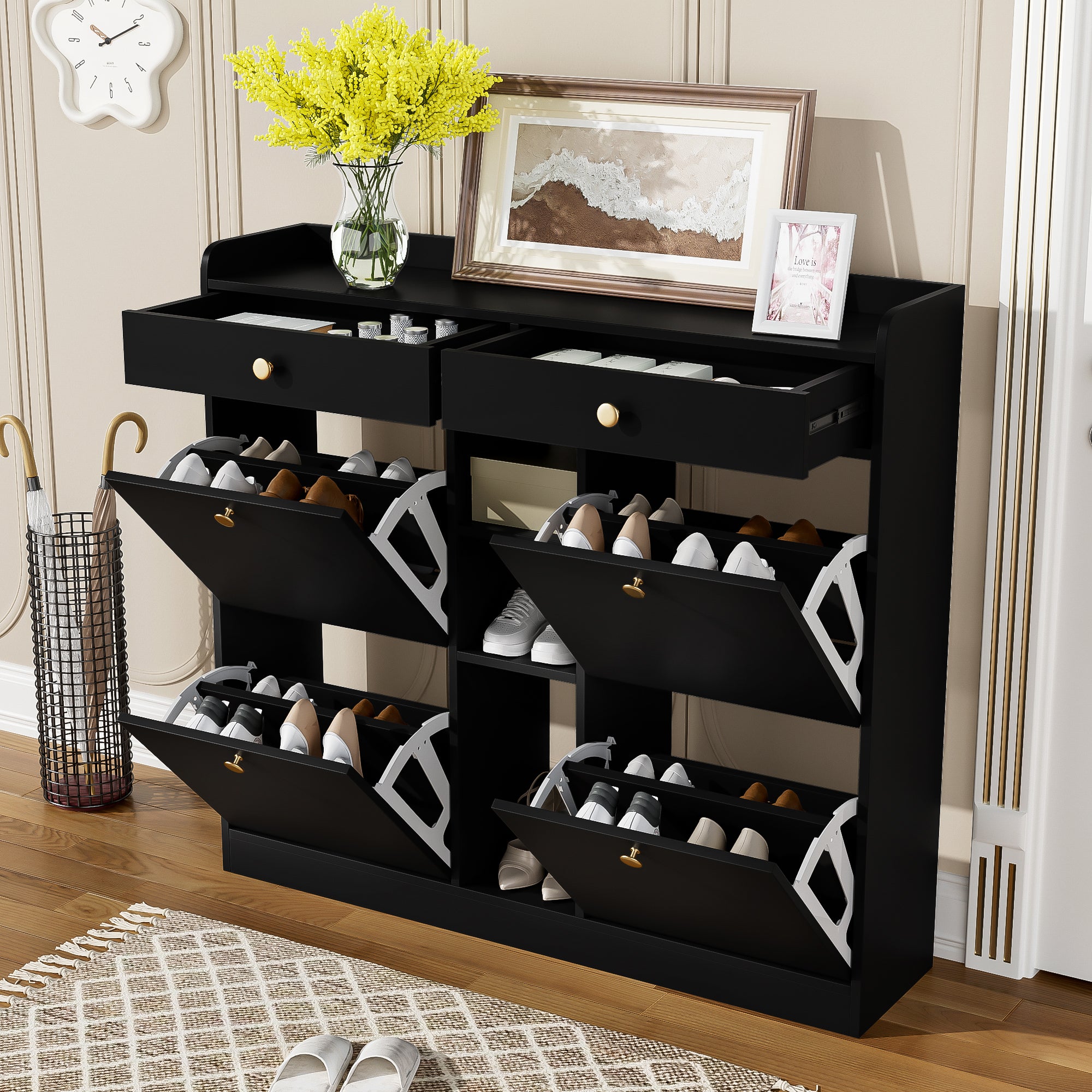 Shoe Cabinet, 4-Door, 2-Drawer, 3-Compartment, Black