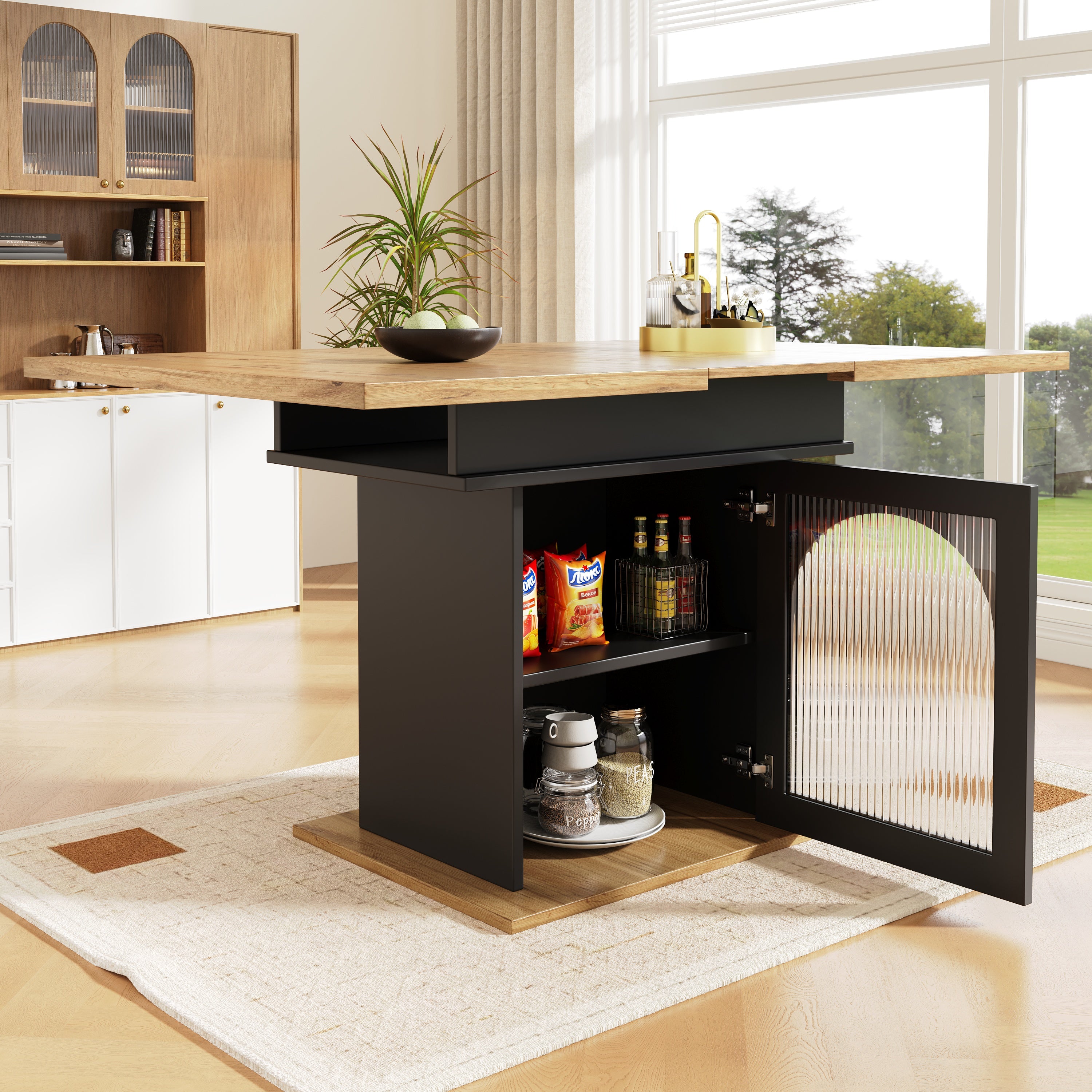 Telescopic Dining Table 140x80cm Extendable Storage Shelf Space-Saving Natural/Black