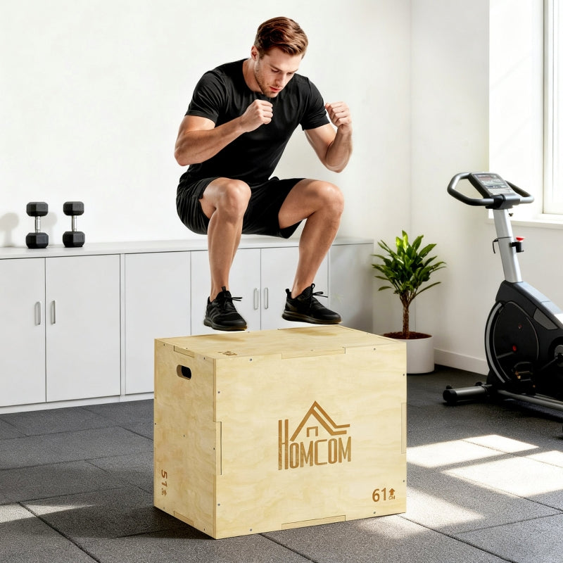 3-in-1 Wooden Plyo Box with 3 Jump Heights and Handles, 61 x 51 x 76 cm, Natural Wood