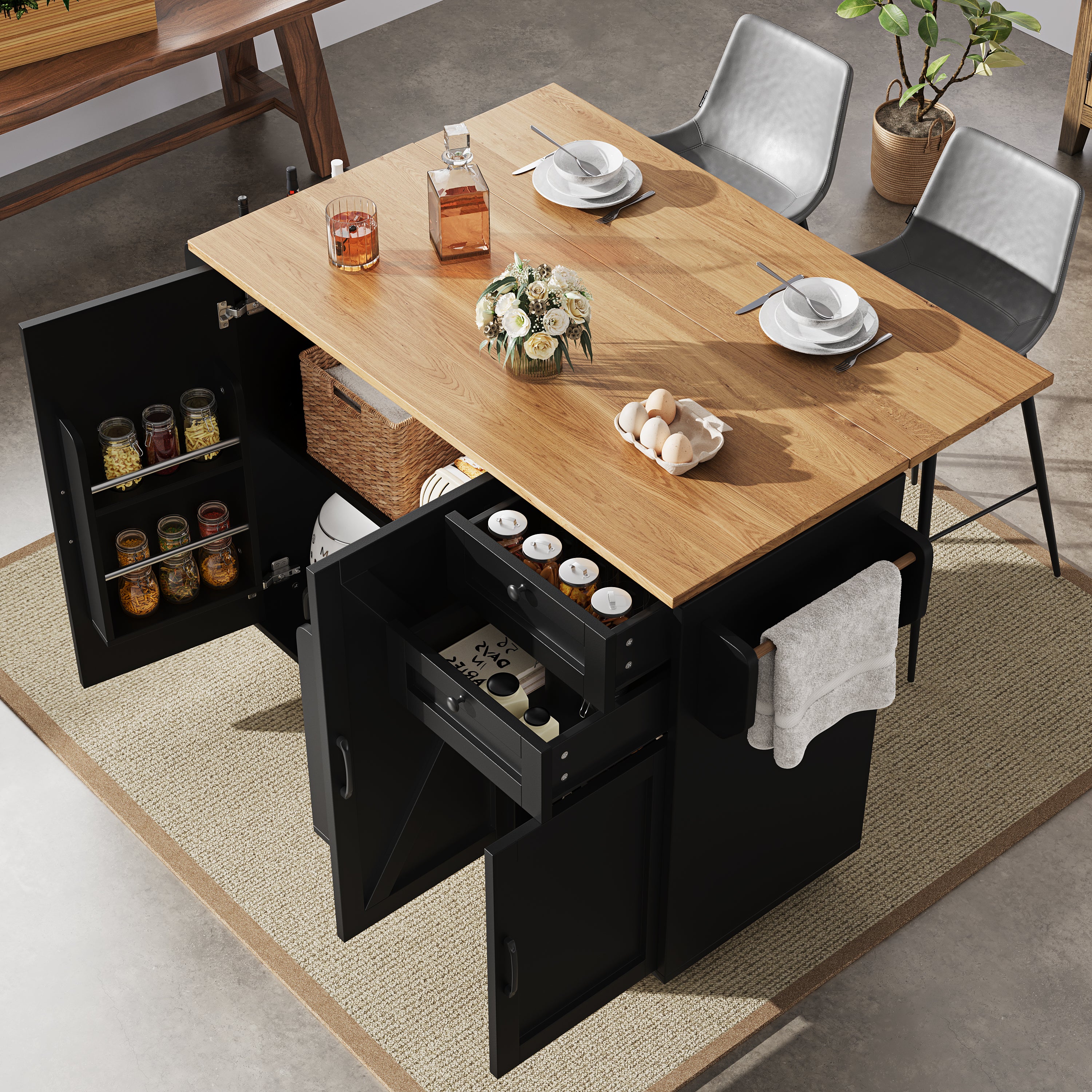 Multifunctional Kitchen Island Dining Table with Storage, Snack Shelves, Wood Grain Black