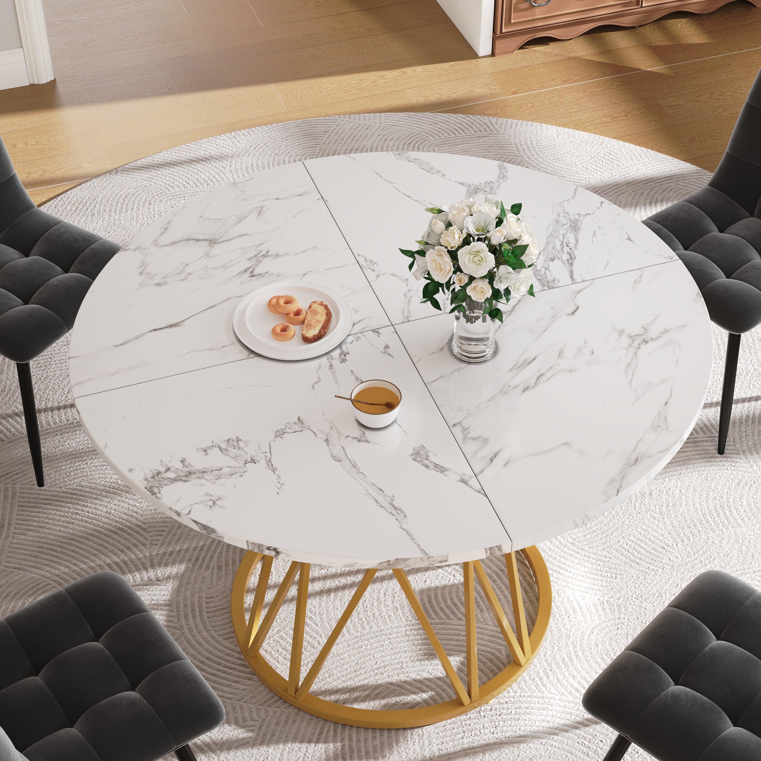 Round Dining Table 100cm 4-Seater MDF Marble Top Gold