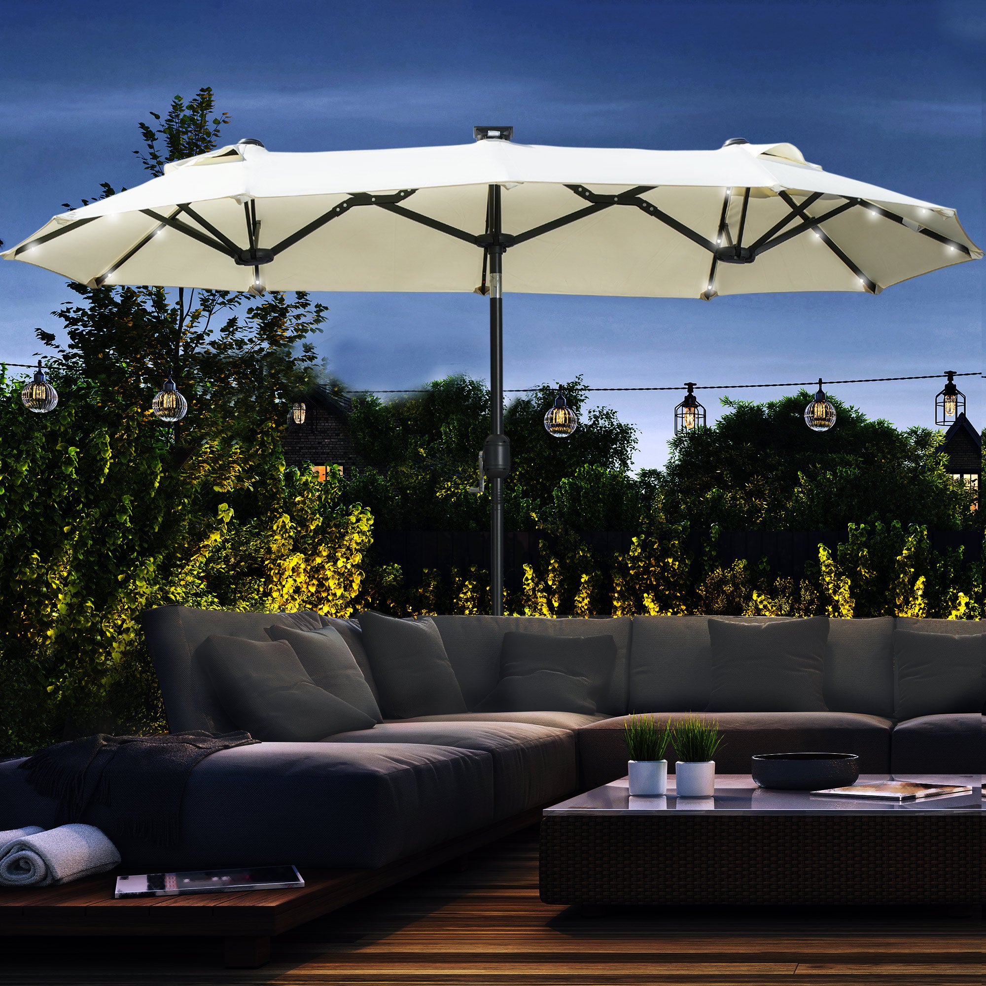Double Parasol 295x219cm LED Adjustable Tilt Garden Umbrella, Polyester & Steel, Beige
