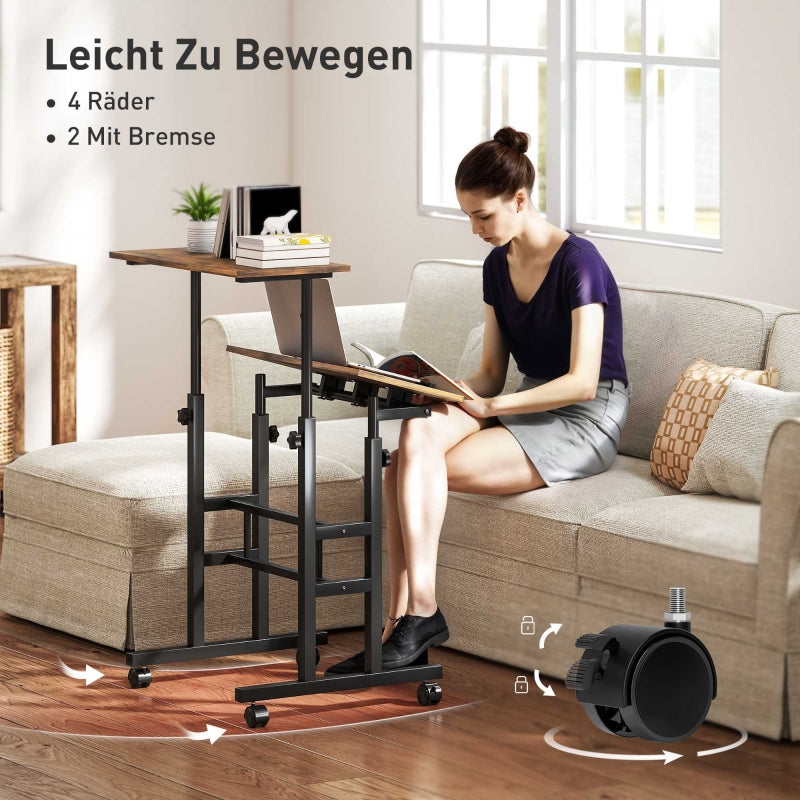 Height-Adjustable Desk 60x60cm Shelf Casters - Rustic Brown