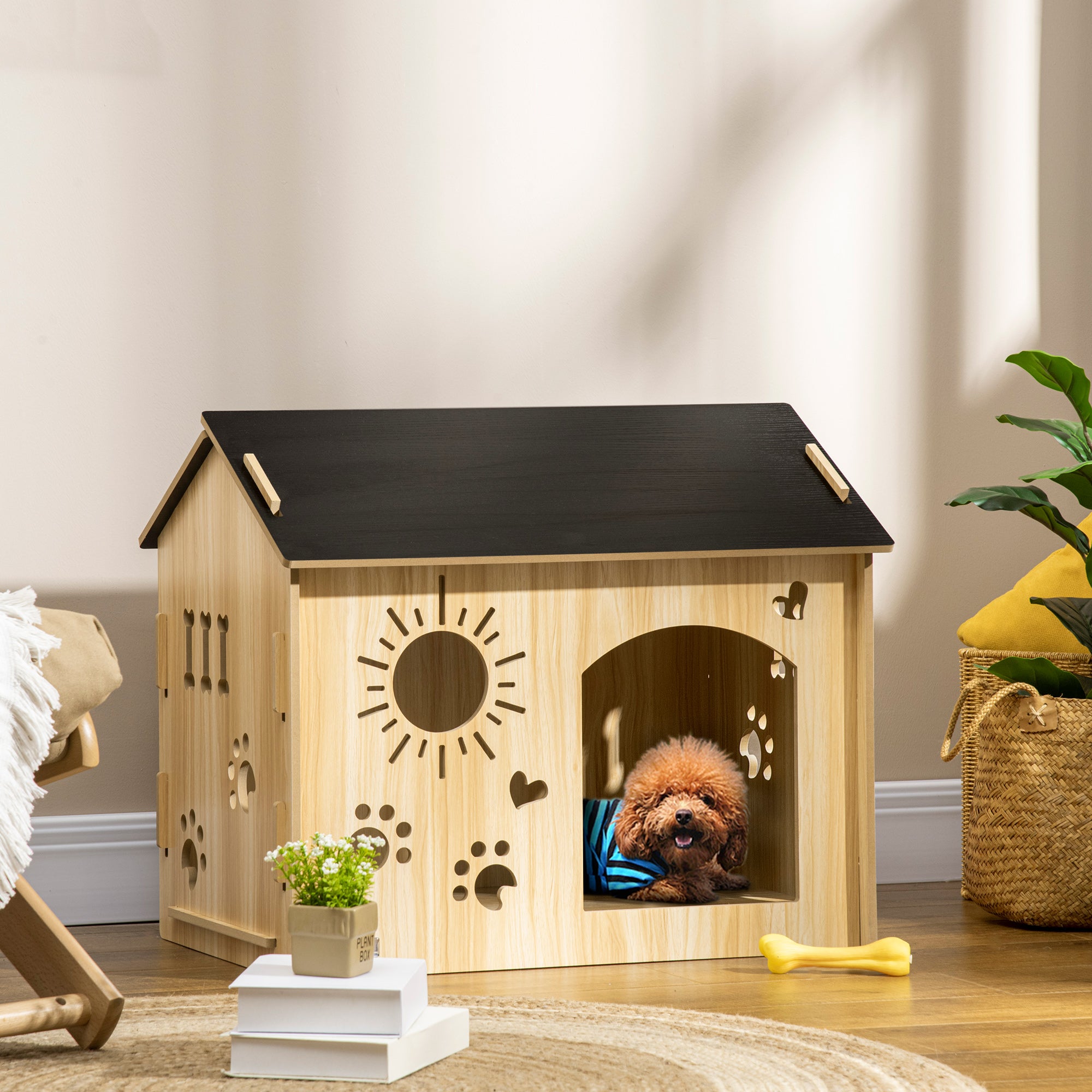 Dog House, Indoor with Roof and Ventilation, MDF Oak Black