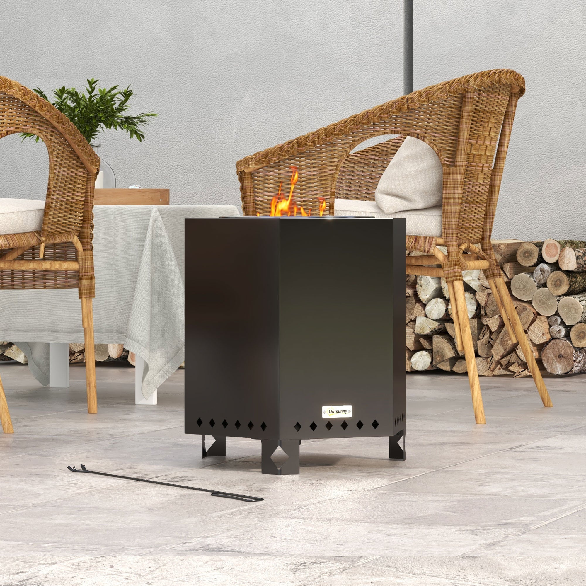 Smokeless Tabletop Fire Pit with Poker, Garden Camping Patio, Metal Black