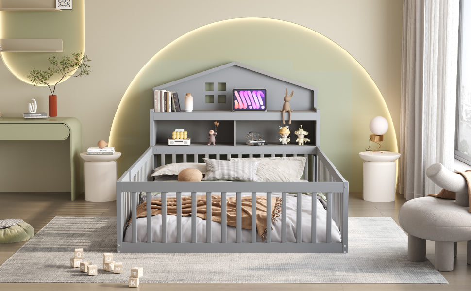 Children's Bed 140x200, House Frame with Shelves, Safety Gate & Slatted Frame, Grey Solid Wood