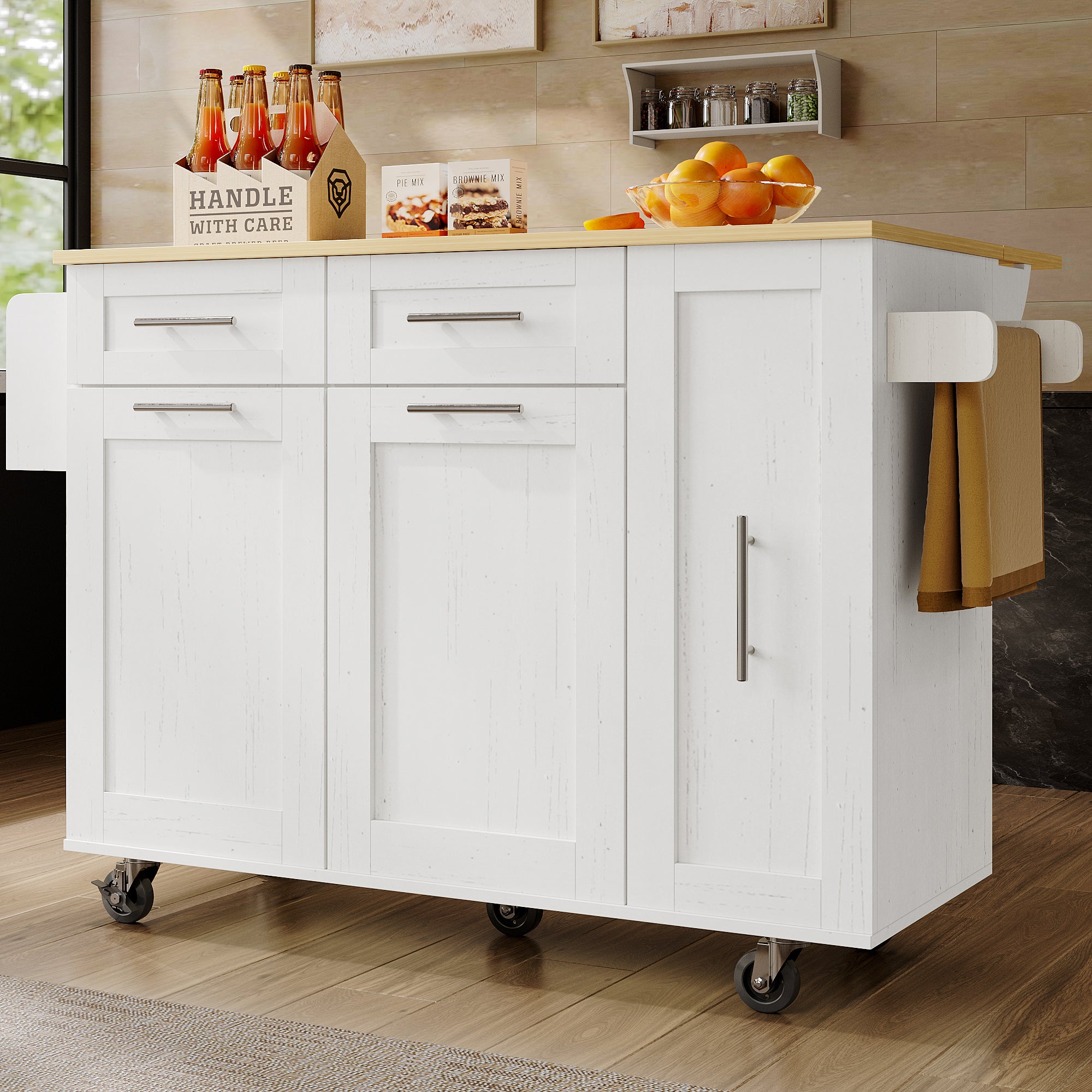 Dining Cart Kitchen Island - Multifunctional Extendable Table Storage - White Wood Grain