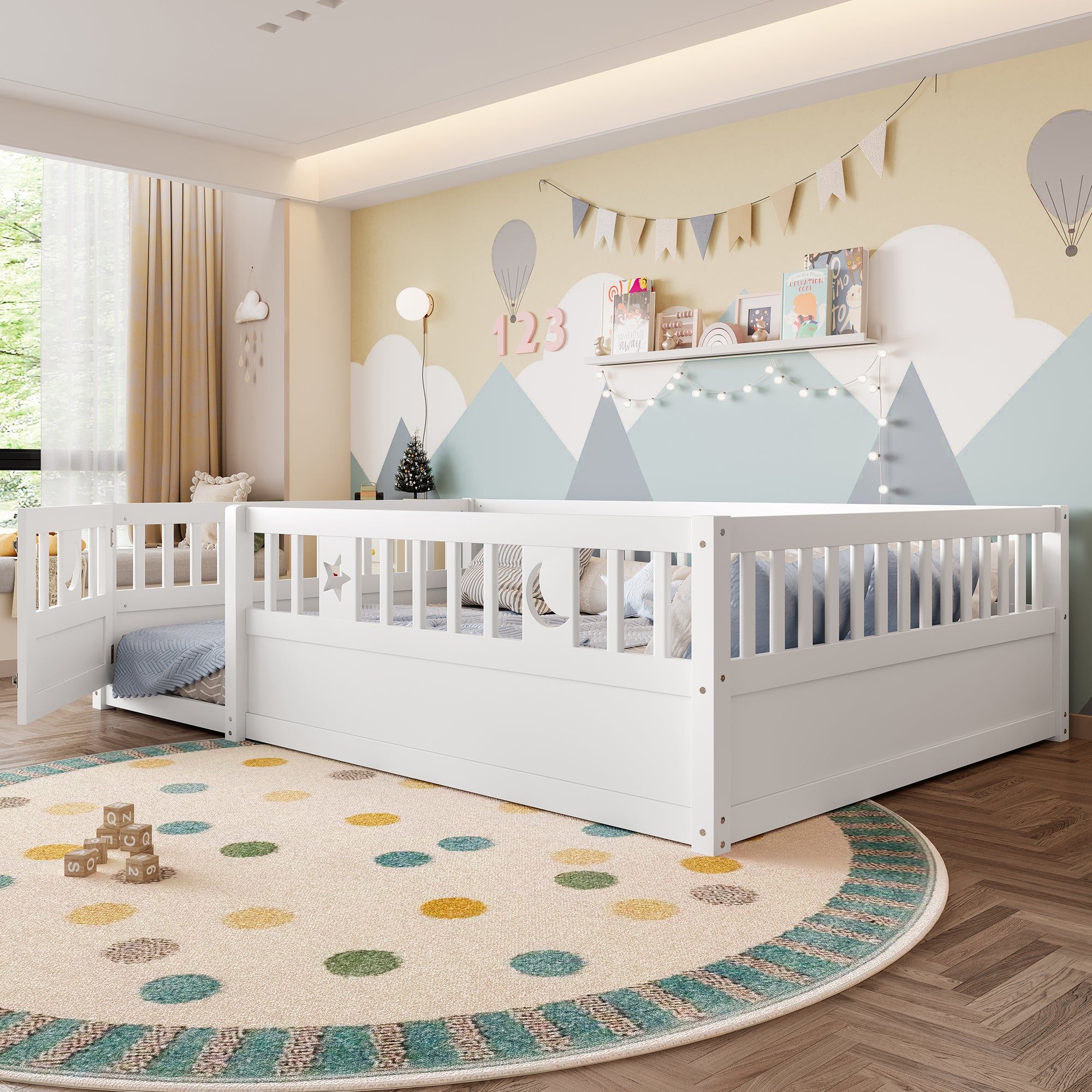 Panel Bed, 140x190cm Children's Bed with Railing & Star/Moon Decoration, White