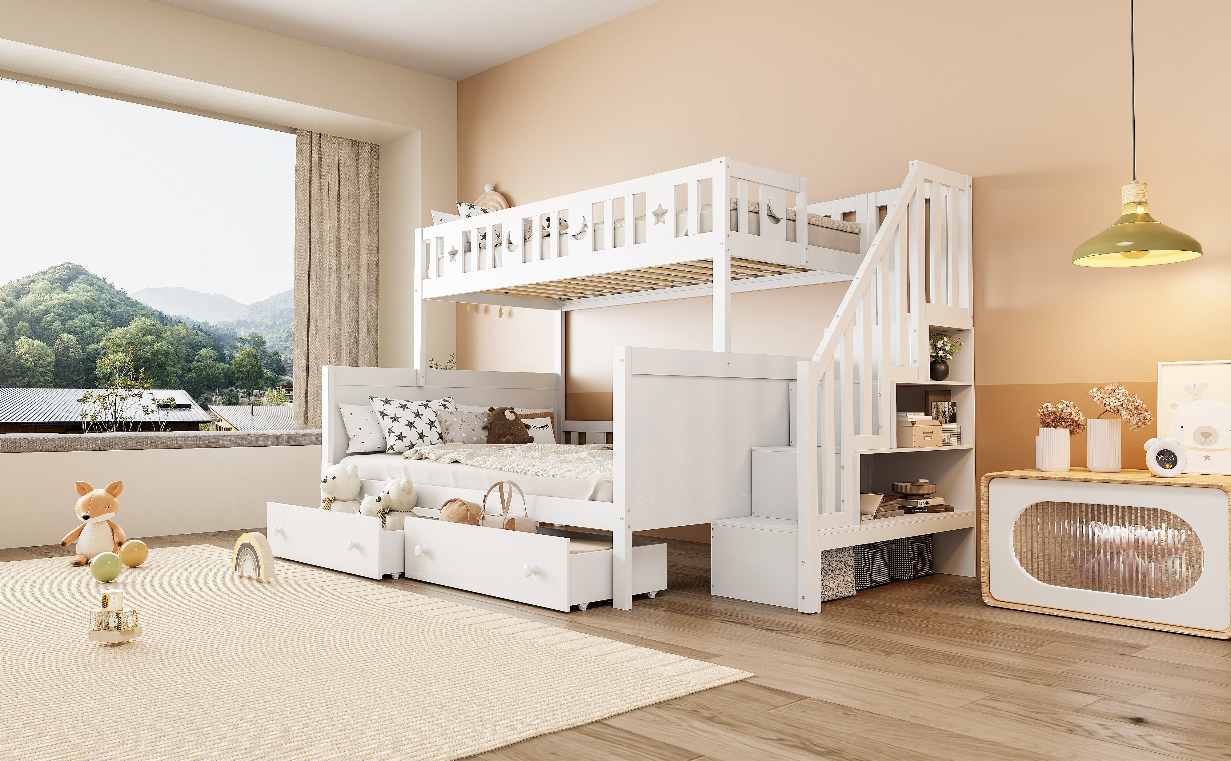 Children's Bunk Bed 90*200/140*200cm Safety Stairs Drawers Slatted Base, Solid Wood White
