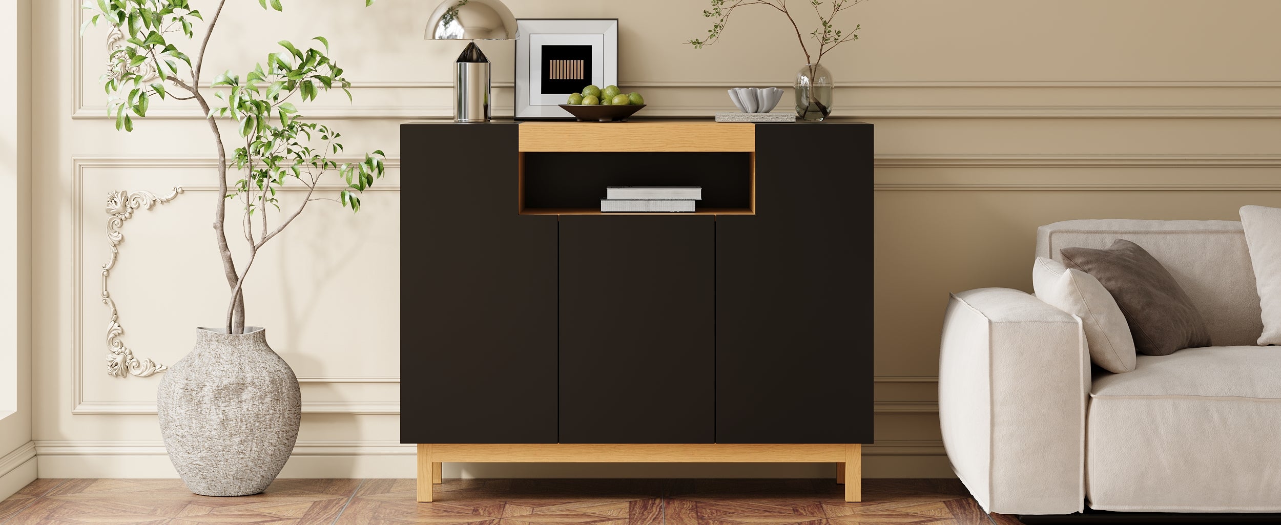 Sideboard with 3 Doors and Open Compartment, Black and Wood Finish
