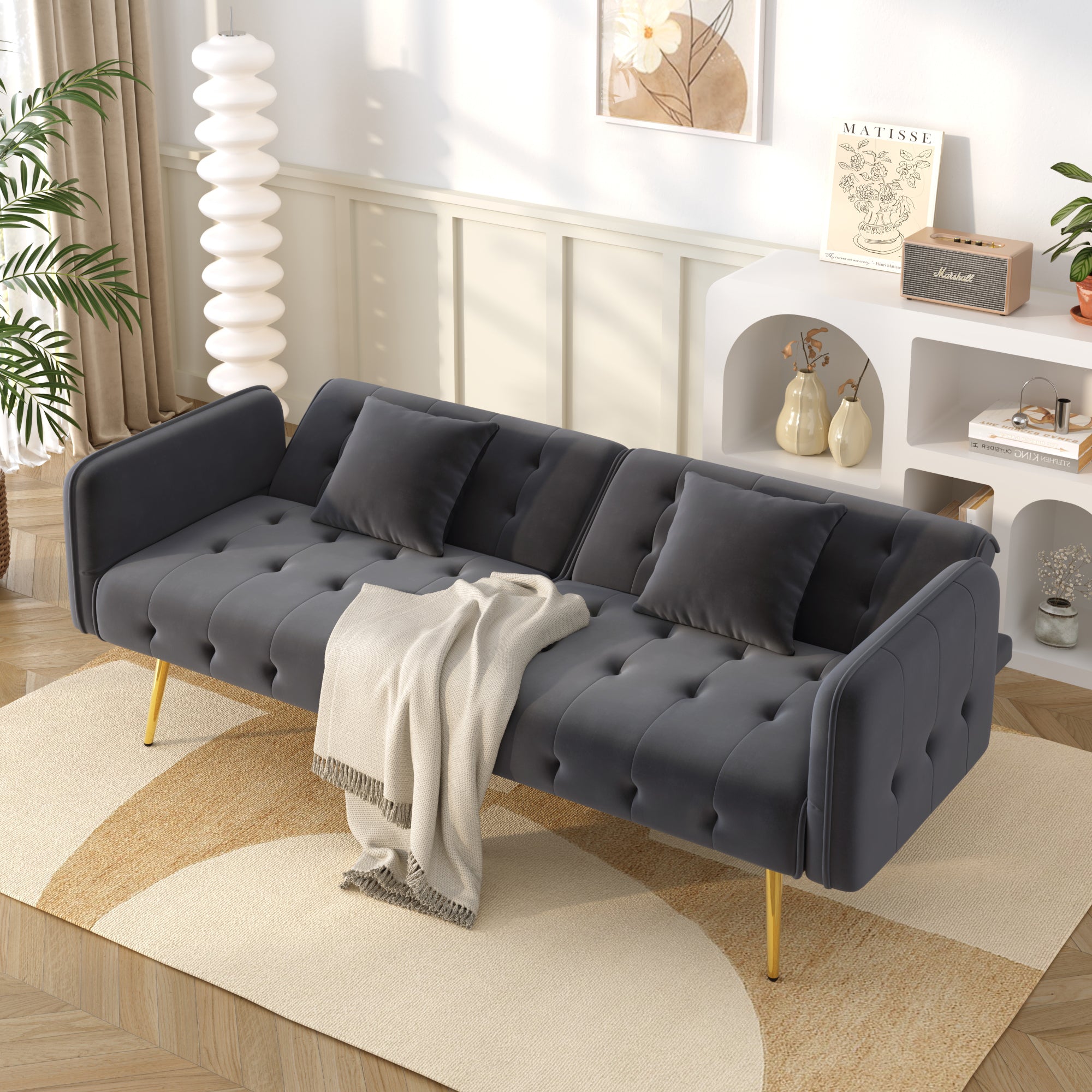 Sofa Bed, Two-Seater Multifunctional with Adjustable Backrest & Armrests, Velour