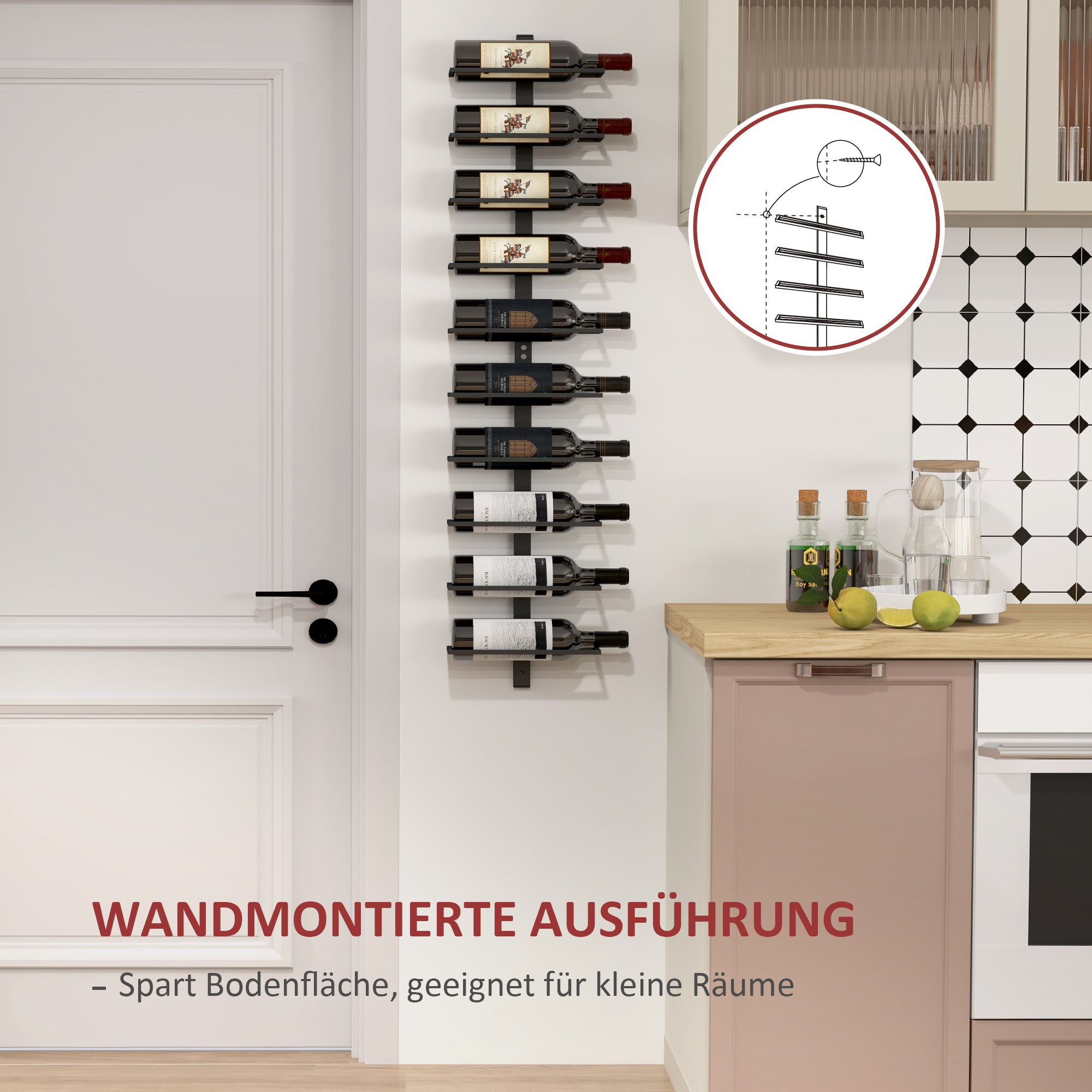 Wine Rack Bottle Holder for 10 Bottles Wall-Mounted Steel Black