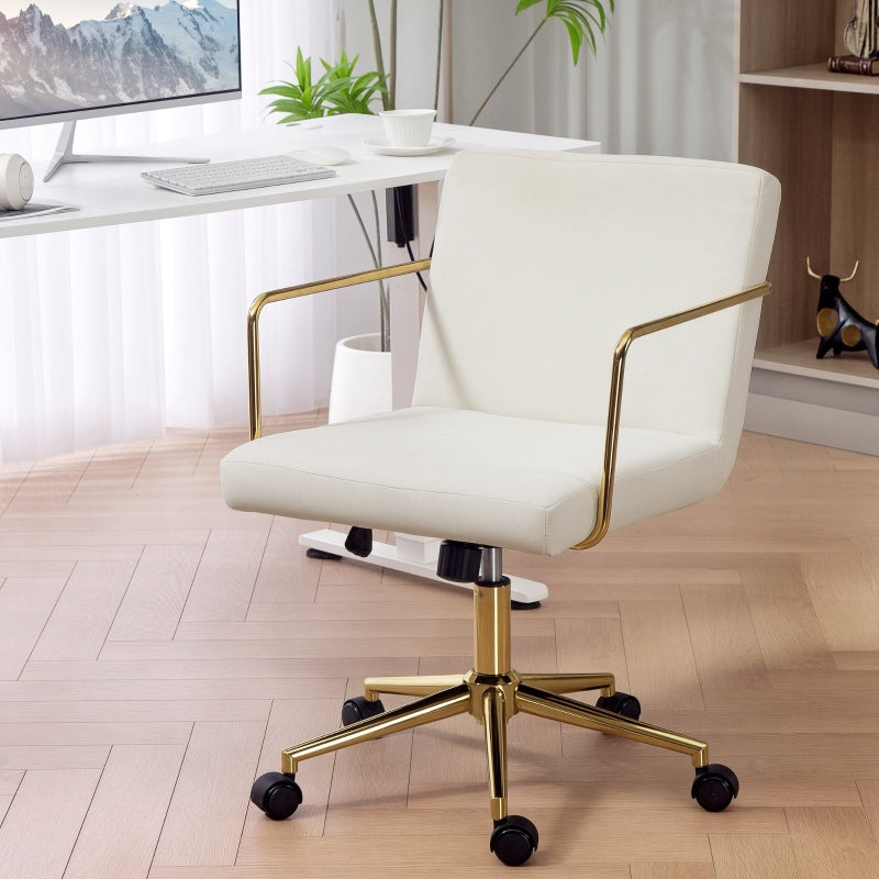 Rolling Office Chair Gold Accents Velvet Look Metal Base - Cream White