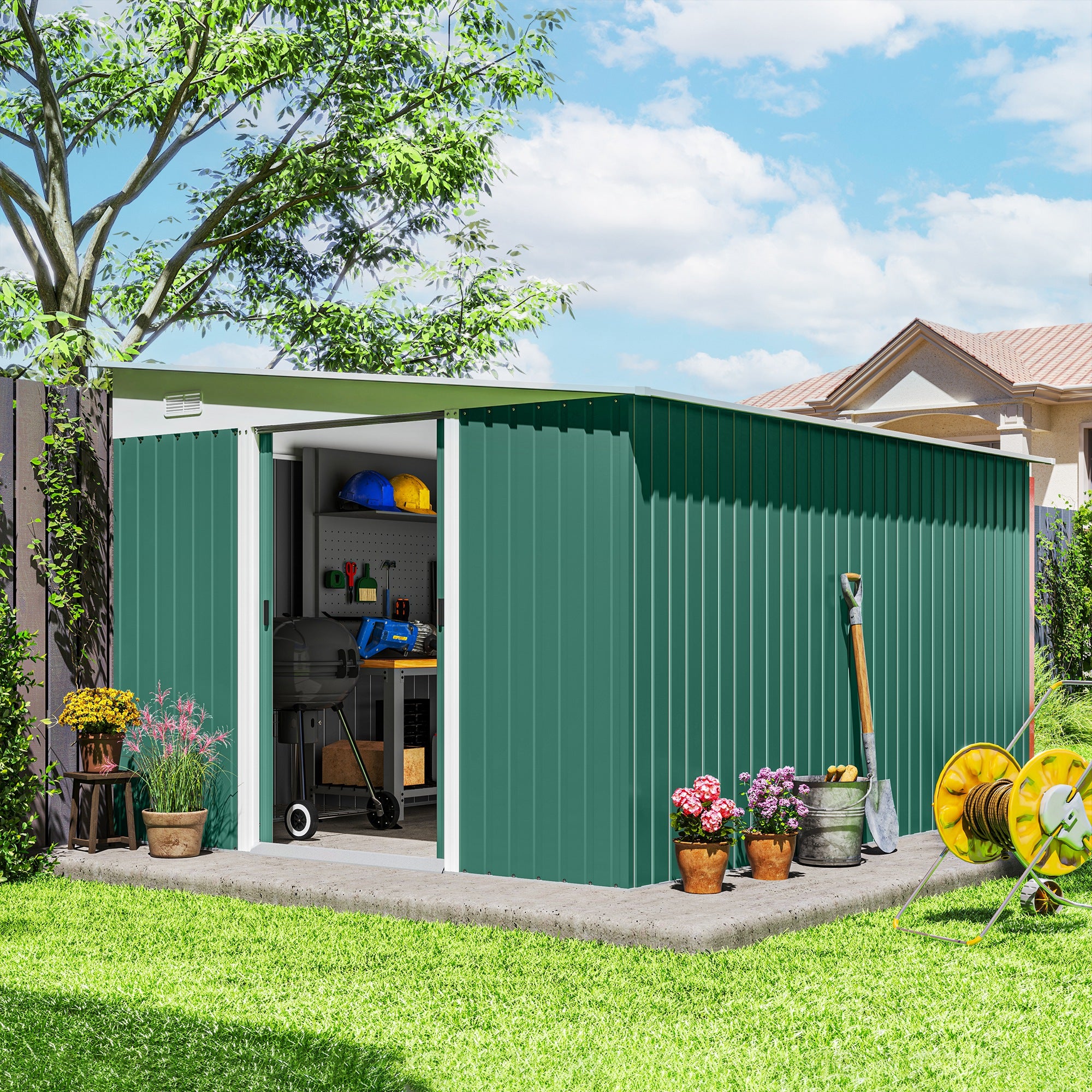 Garden Metal Storage Shed Double Sliding Doors 2 Air Vents 11.3x9.2ft Green