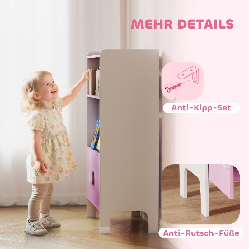 Kids Bookcase, 2 Shelves 2 Cabinets Freestanding, Pink+White MDF