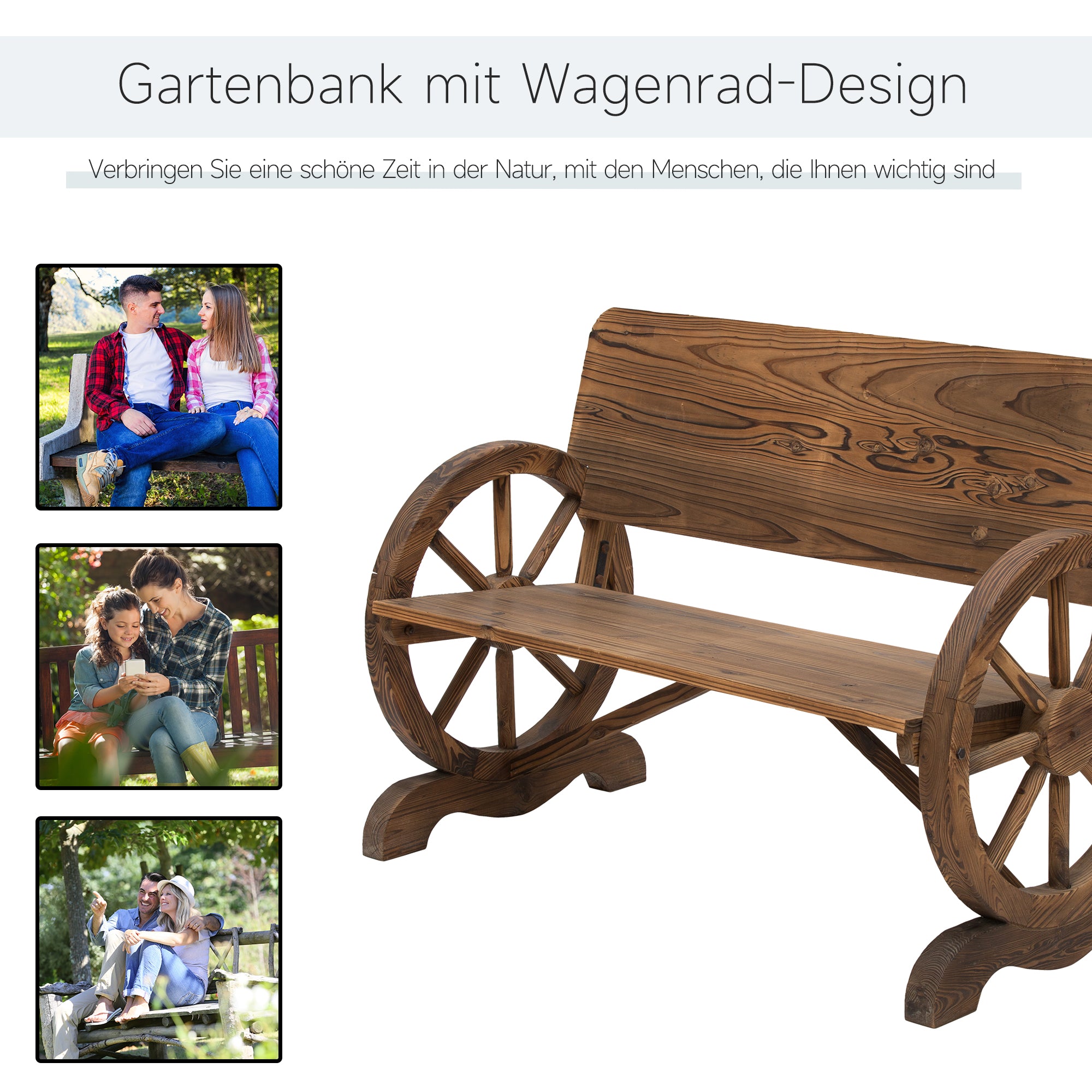 Garden Bench 2-Seater Rustic Wagon Wheel Design Solid Wood Brown